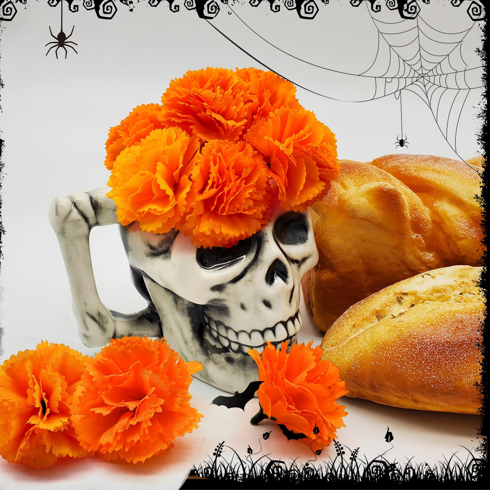 TRvancat Day of The Dead Decorations Set, Include 2 Pack Marigold Garland, 50pcs Silk Marigold Flowers with Stems, 10pcs Butterf