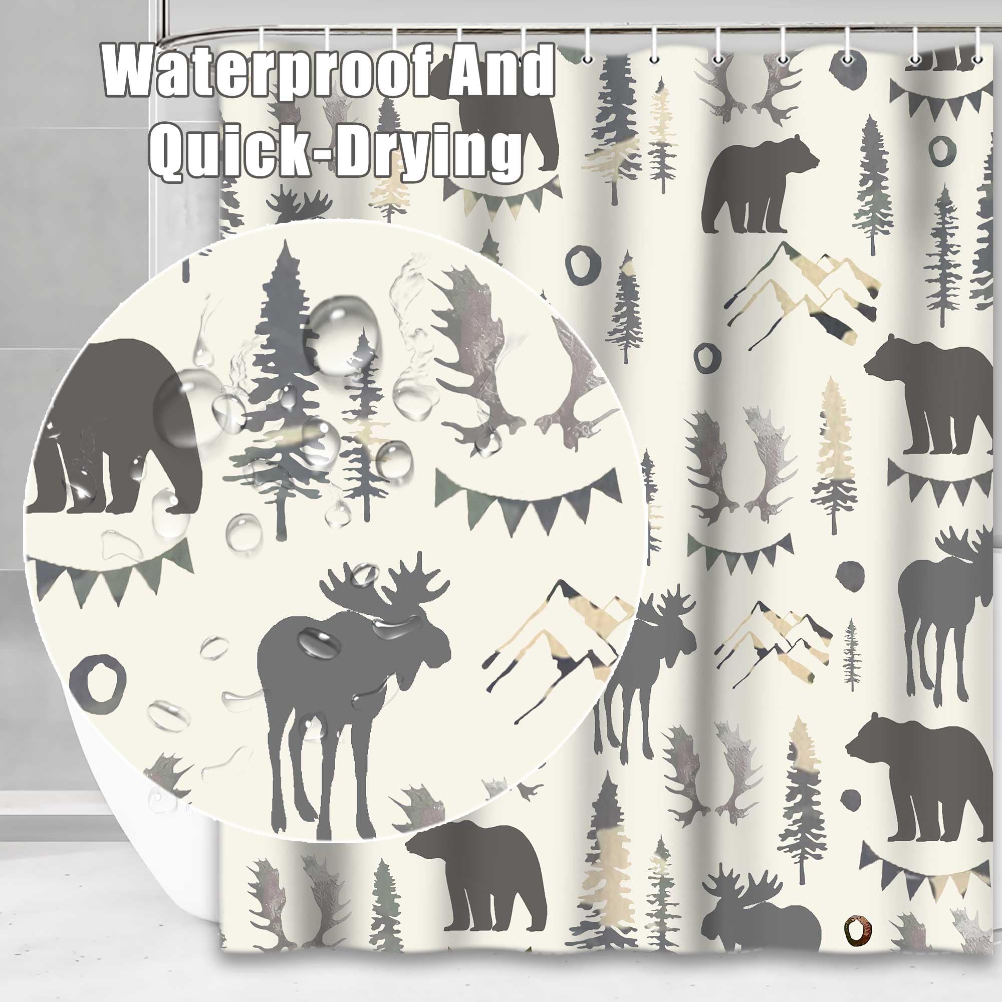 Lacoiime Bear Shower Curtain, Mountain Woodland Animal Shower Curtains For Bathroom Grey Elk Antler Pine Tree Deer Forest Bathro