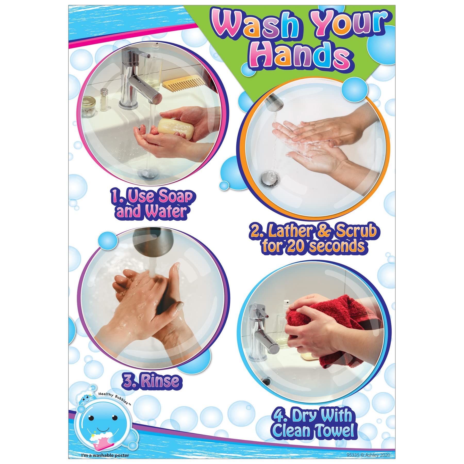 Ashley Productions Smart Poly PosterMat Pals Space Savers, 13 x 9-1/2, Wash Your Hands