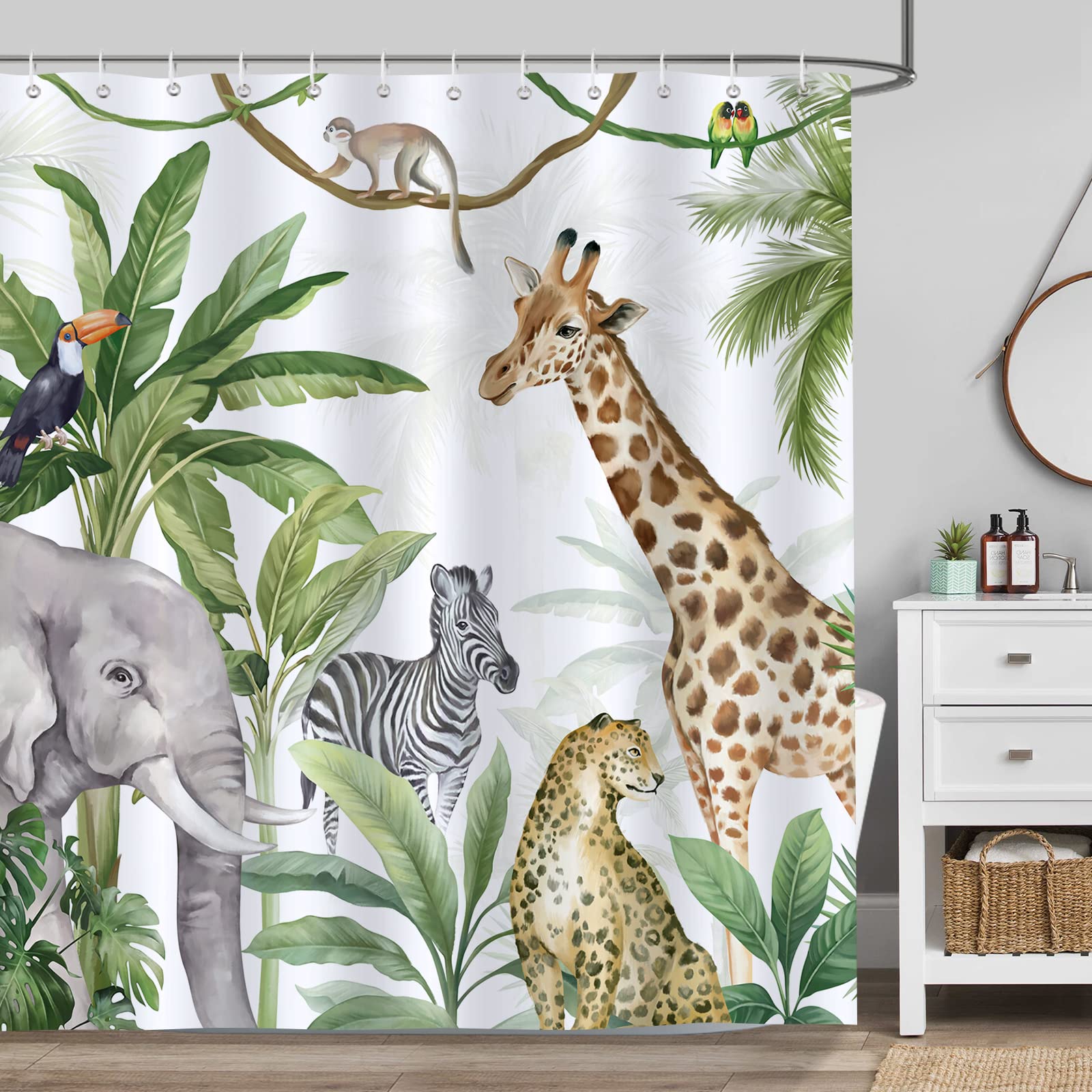 Bonhause Tropical Rainforest Animals Shower Curtain For Bathroom Jungle Elephant Giraffe Leopard Decorative Bath Curtain 72 X 72