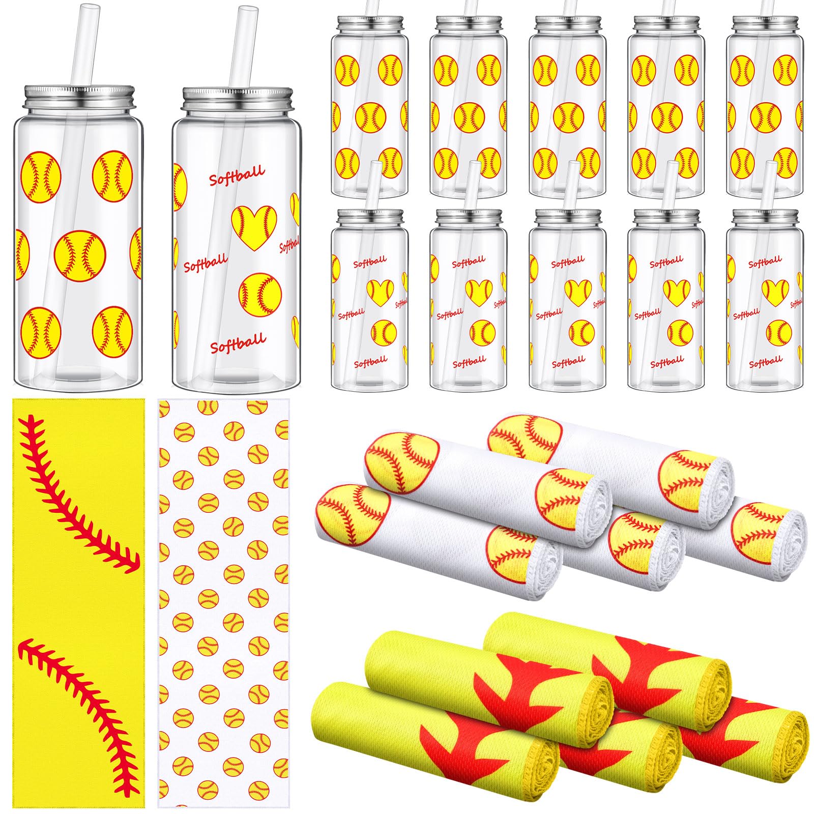 SmoothNovelty 24 Pcs 14.2 Oz Softball Plastic Cups Bulk Softball Cooling Towel Set Include 12 16.9 Oz Sport Theme Cups with Stra