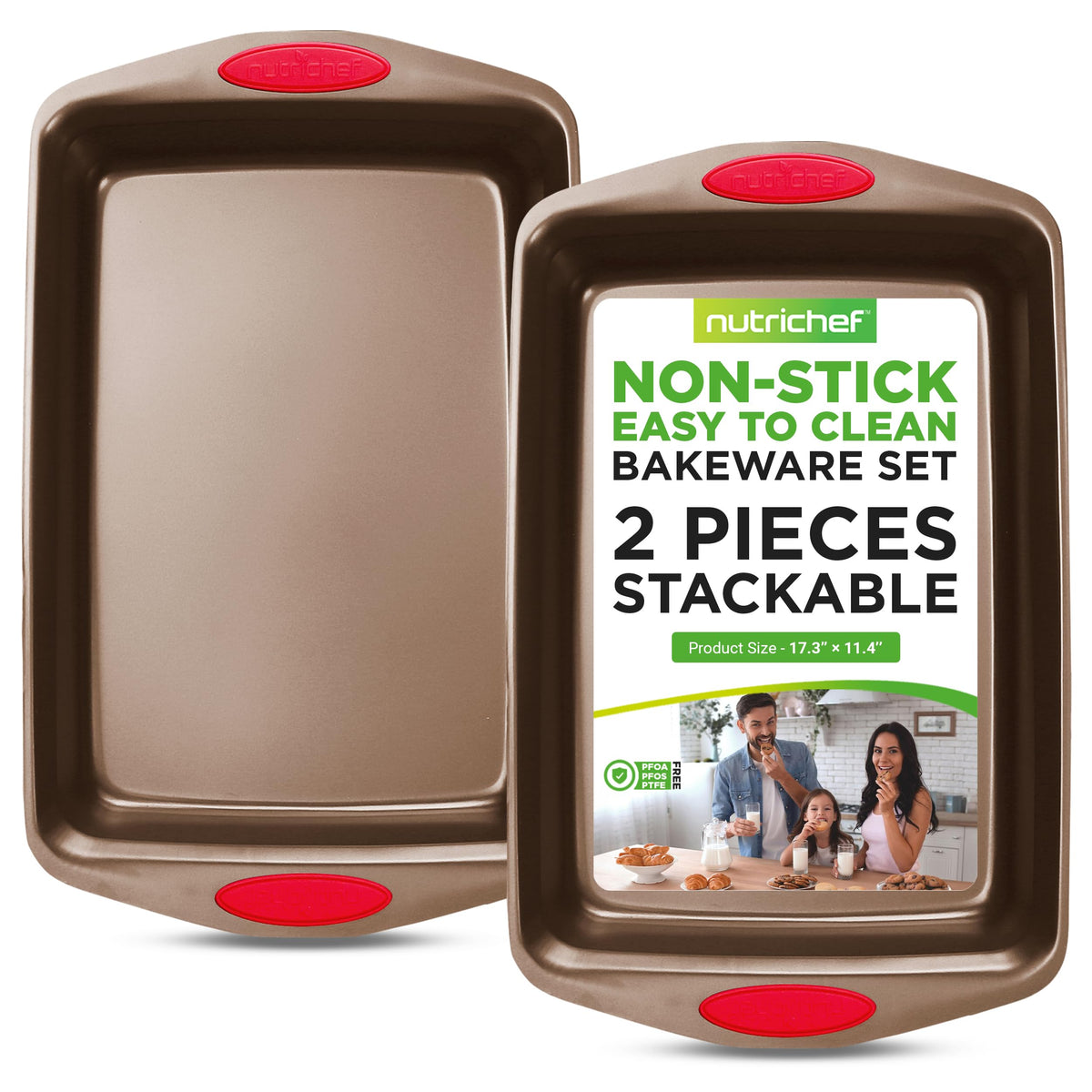 Nutrichef 2-Piece Baking Pan Set - Pfoa, Pfos, Ptfe Free Flexible Nonstick Golden Coating Carbon Steel Bakeware - Professional H