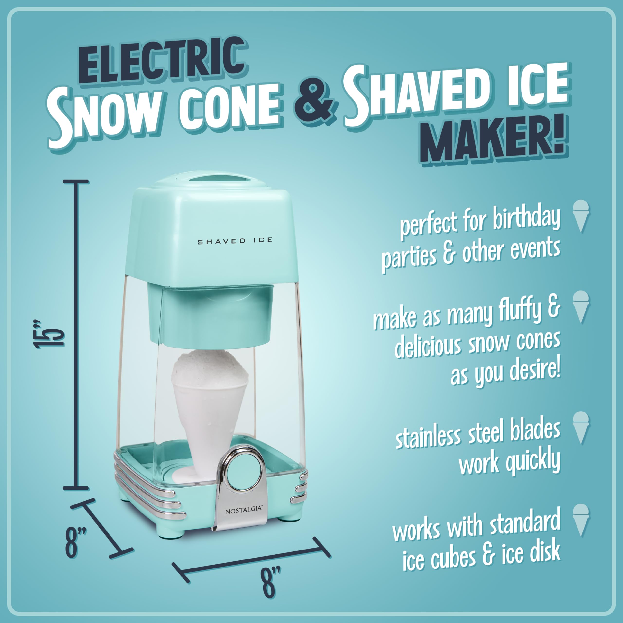 Nostalgia Retro Electric Table-Top Snow Cone Maker, Vintage Shaved Ice Machine Includes 1 Reusable Plastic Cup And Ice Mold, Aqu