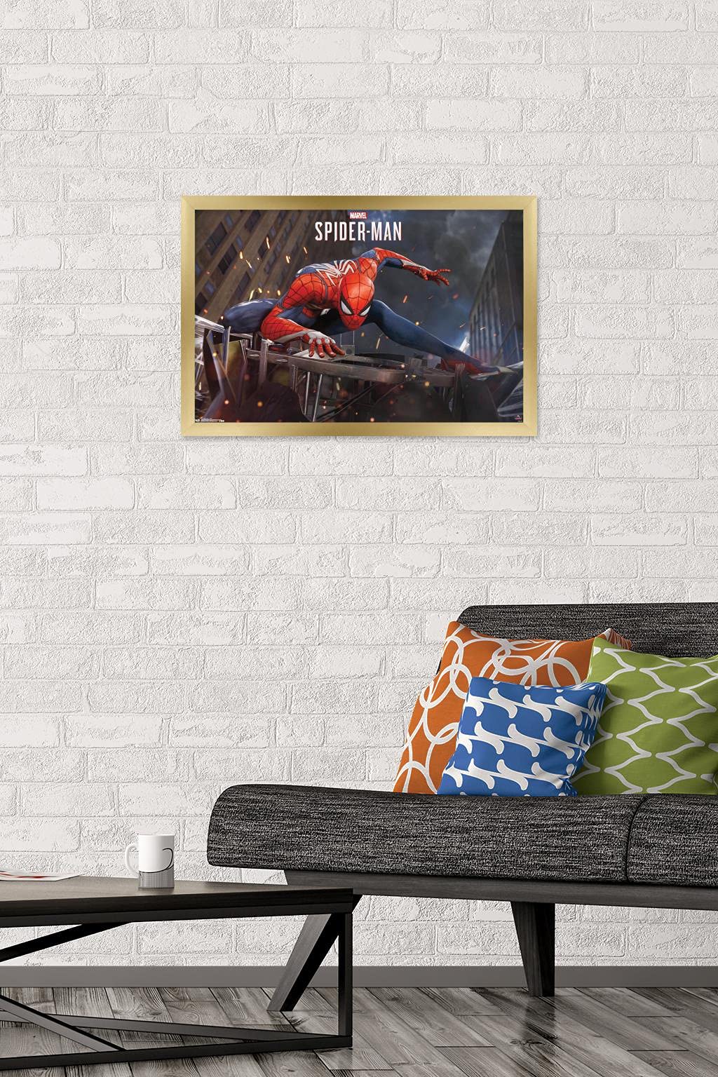 Trends International Spider-Man Action Wall Poster, 14.7" x 22.4", Gold Framed Version, Model FR17150GLD14X22
