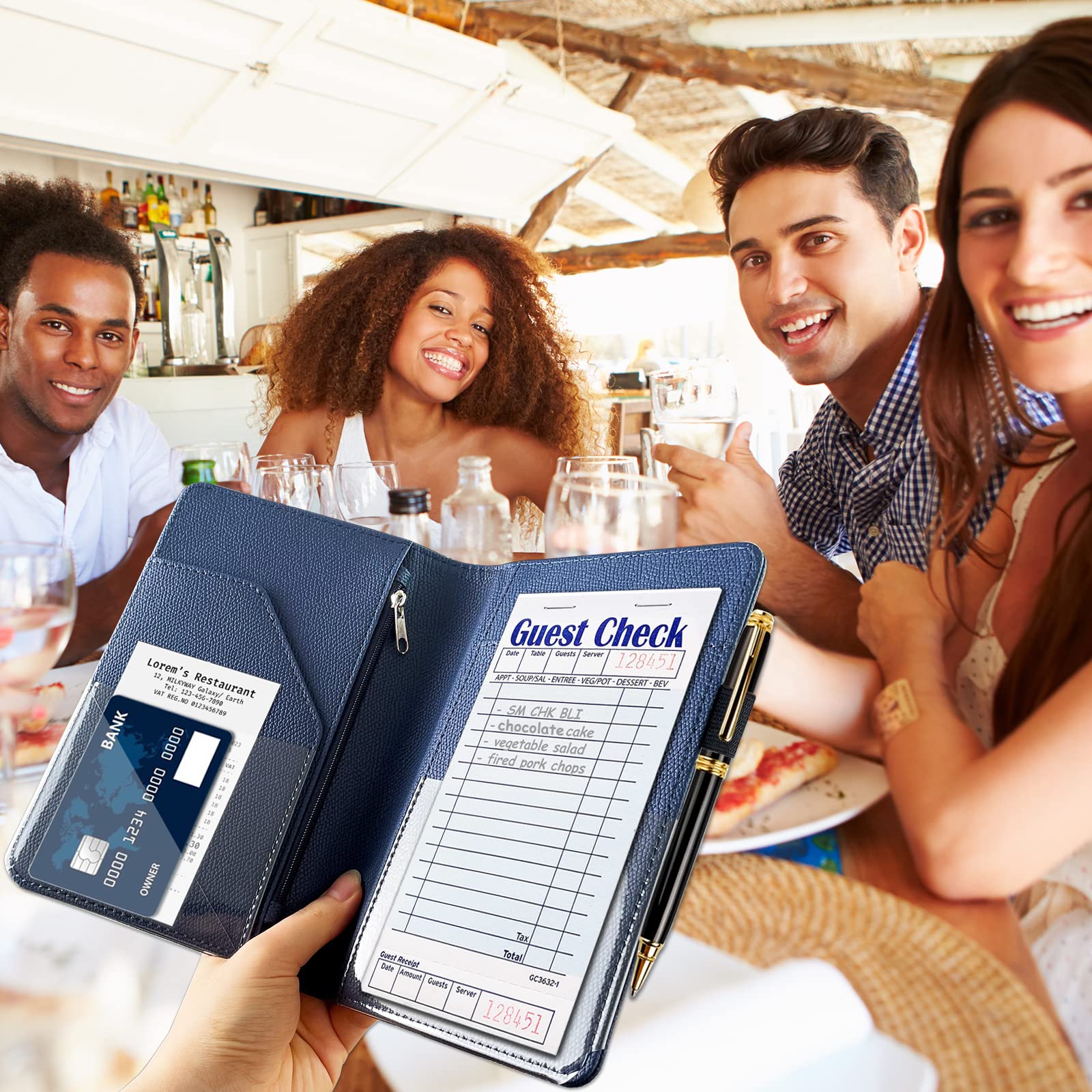 Rsaquar Server Book Organizer With Zipper Pocket, Pu Leather Restaurant Guest Check Presenters Card Holder For Waitress, Waiter,