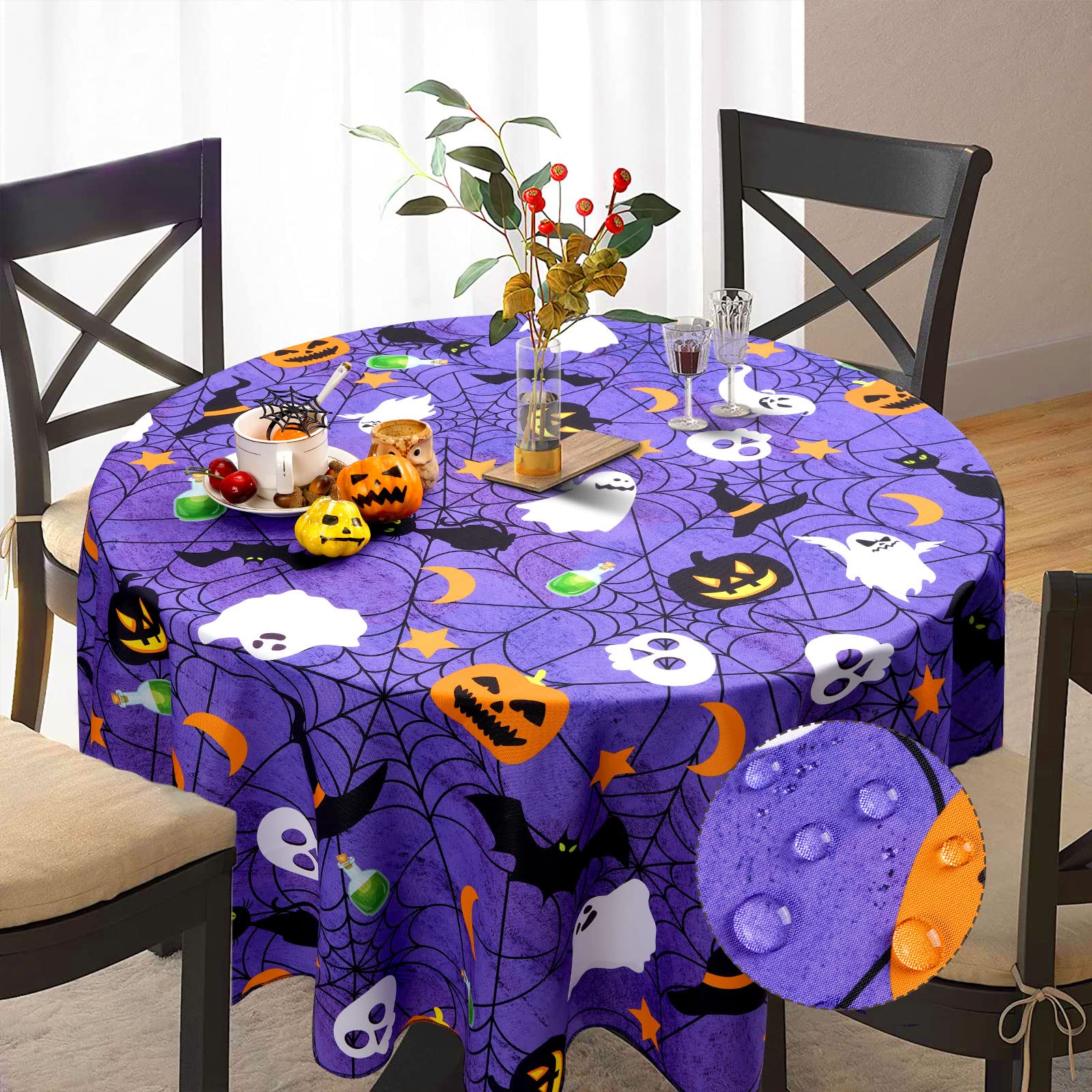Aspmiz Halloween Tablecloth, Purple Spider Web Table Cloth For Party Decoration, Round 60 Inch, Bat Cobweb And Ghost Tablecloths