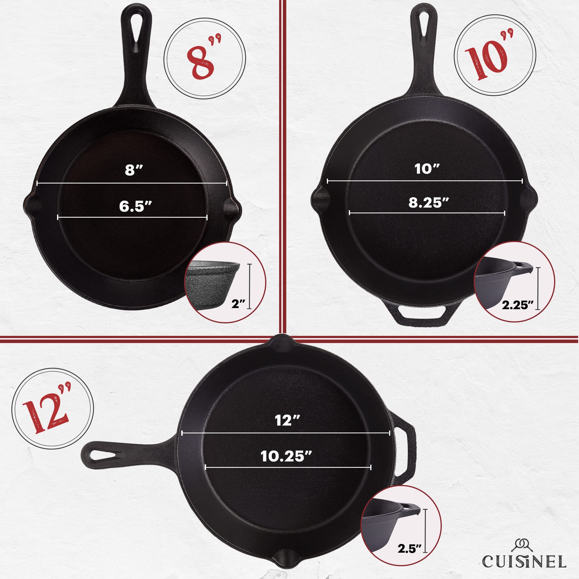 Cuisinel Cast Iron Skillets Set - 12 + 10 + 8-Inch Pre-Seasoned Frying Pans + Silicone Handle Grip Covers - Use Indoor/Out
