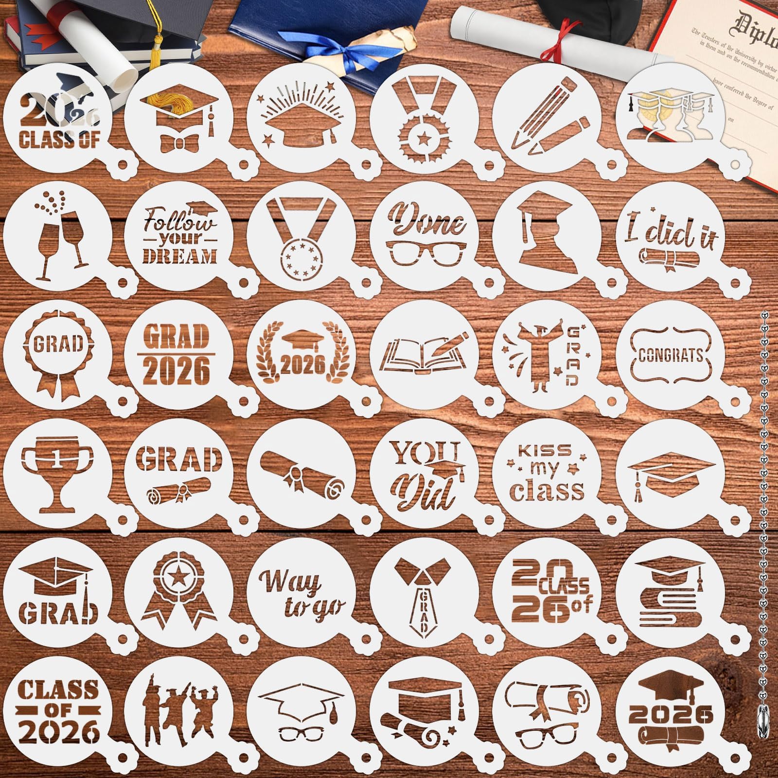 JULBEAR Graduation Cookie Stencils, 36 Pieces Class of 2026 Reusable Coffee Decoration Stencils Templates Tools for Cookies Baki