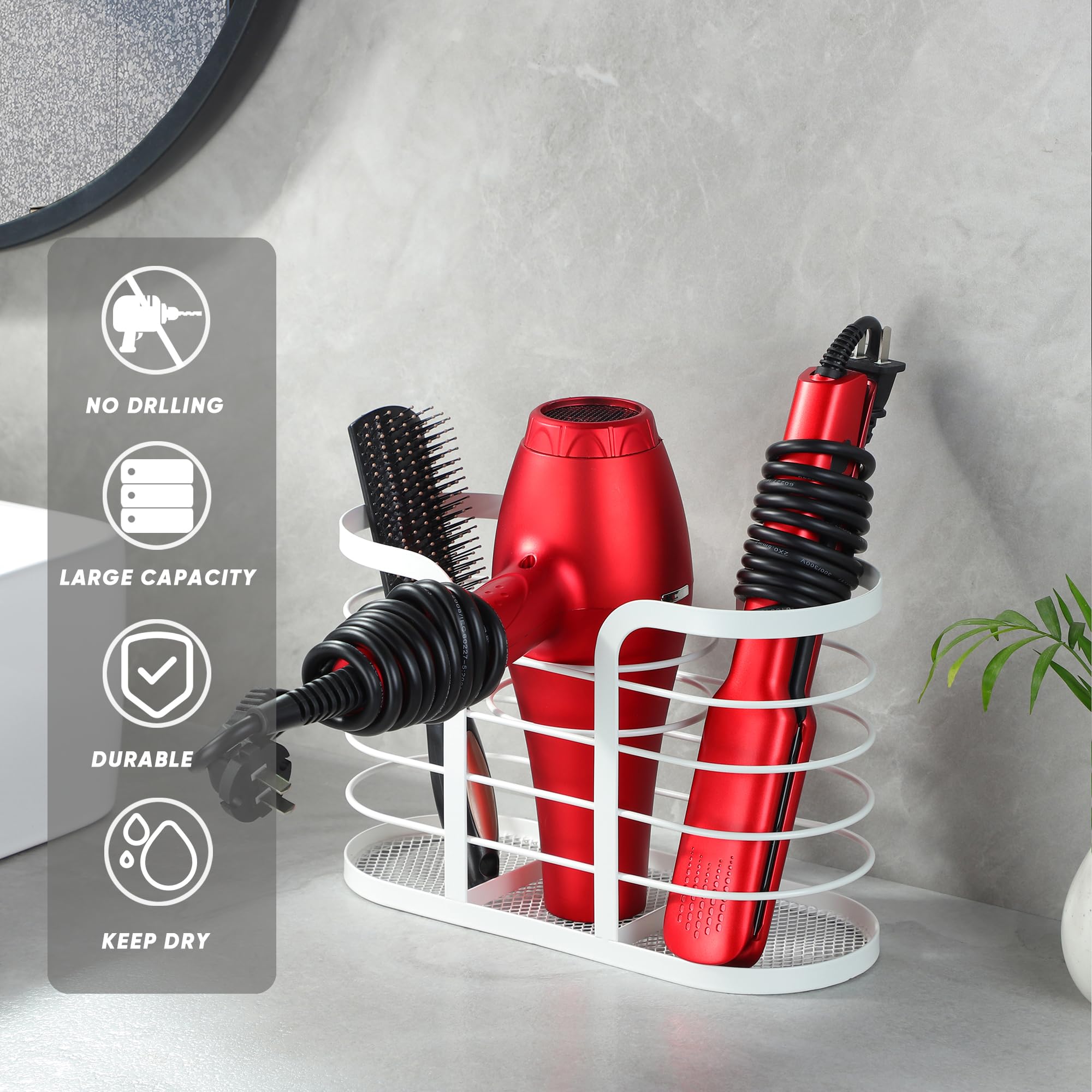 Yigii White Hair Dryer Holder - Adhesive Blow Dryer Holder/Hair Tool Organizer Bathroom Organizer Stick On Wall Mounted Multi-Fu