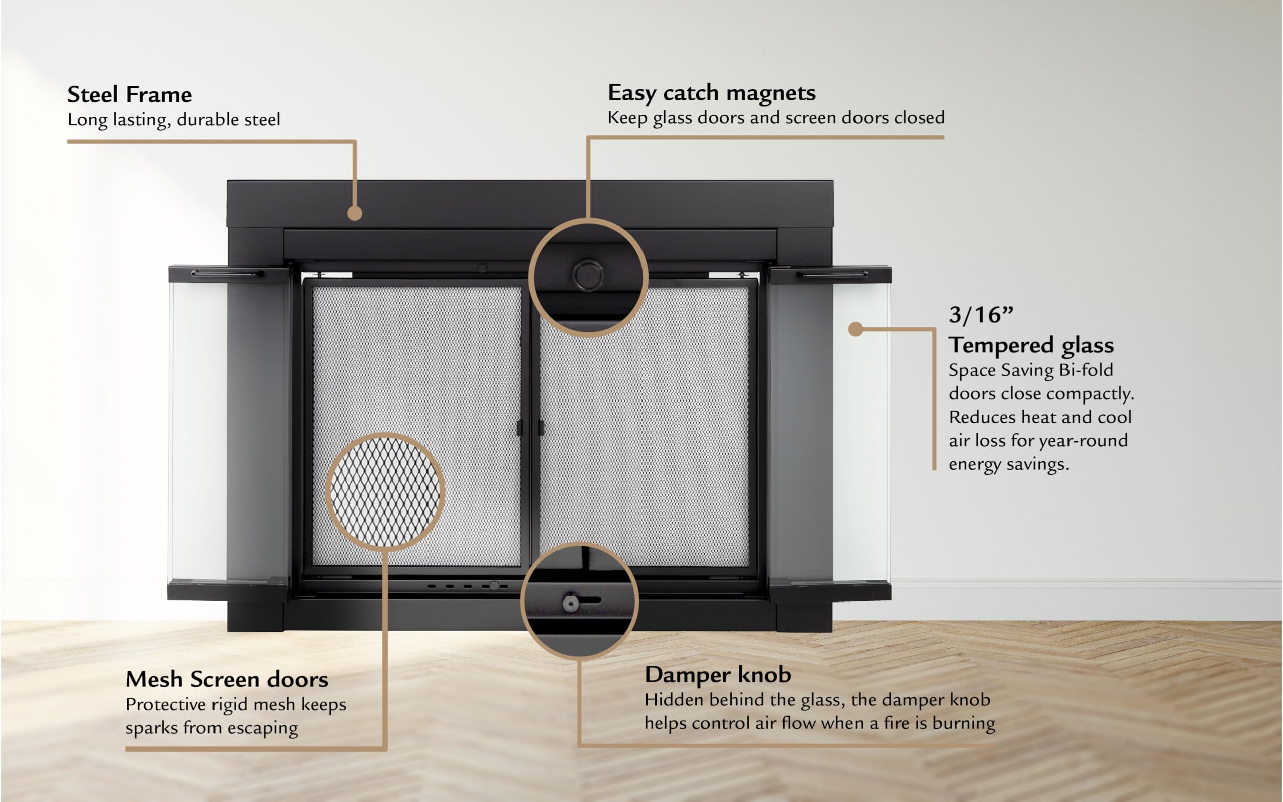 Pleasant Hearth At-1002 Ascot Fireplace Glass Door, Black, Large