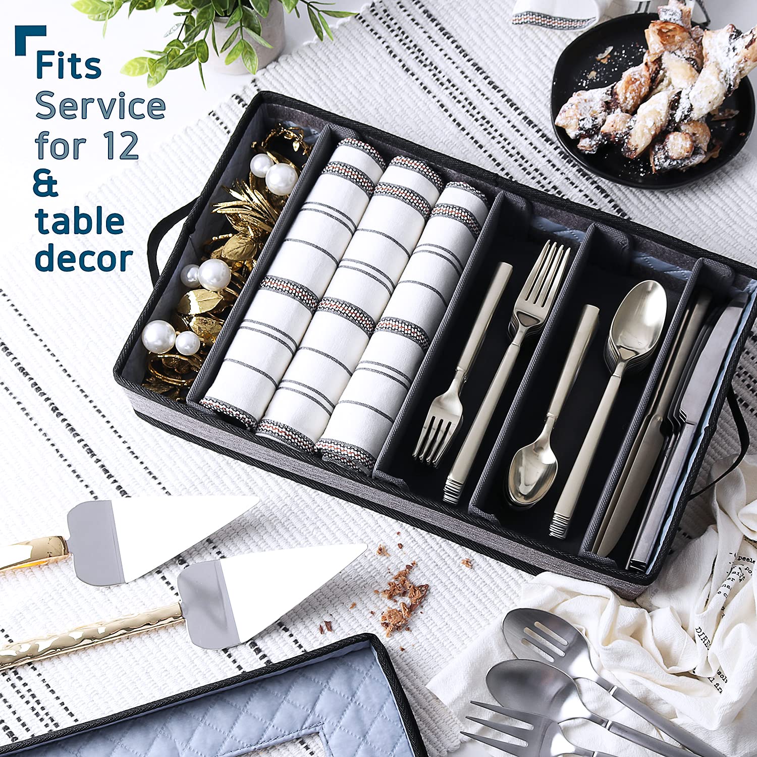 STORAGEBUD Flatware Storage Case, Padded Dinnerware Organizer for 12, Grey & Black, Polyester, Model sb-hds-05