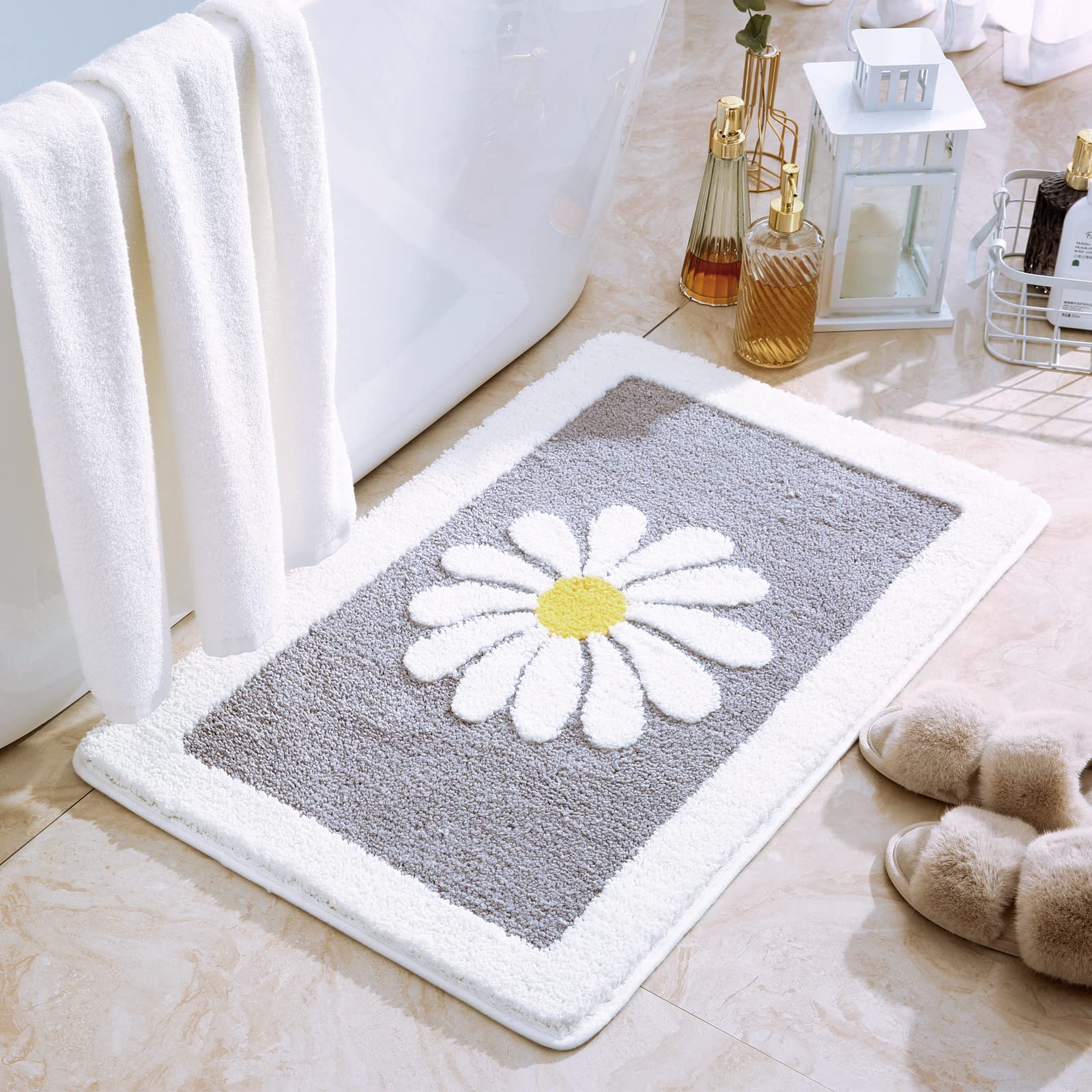 Dorruger Rugs Mat, White Flower Bath Rugs Fluffy Soft Superfine Fiber Rugs Non Slip Bath Mat Machine Wash Plush Bathroom Rug For
