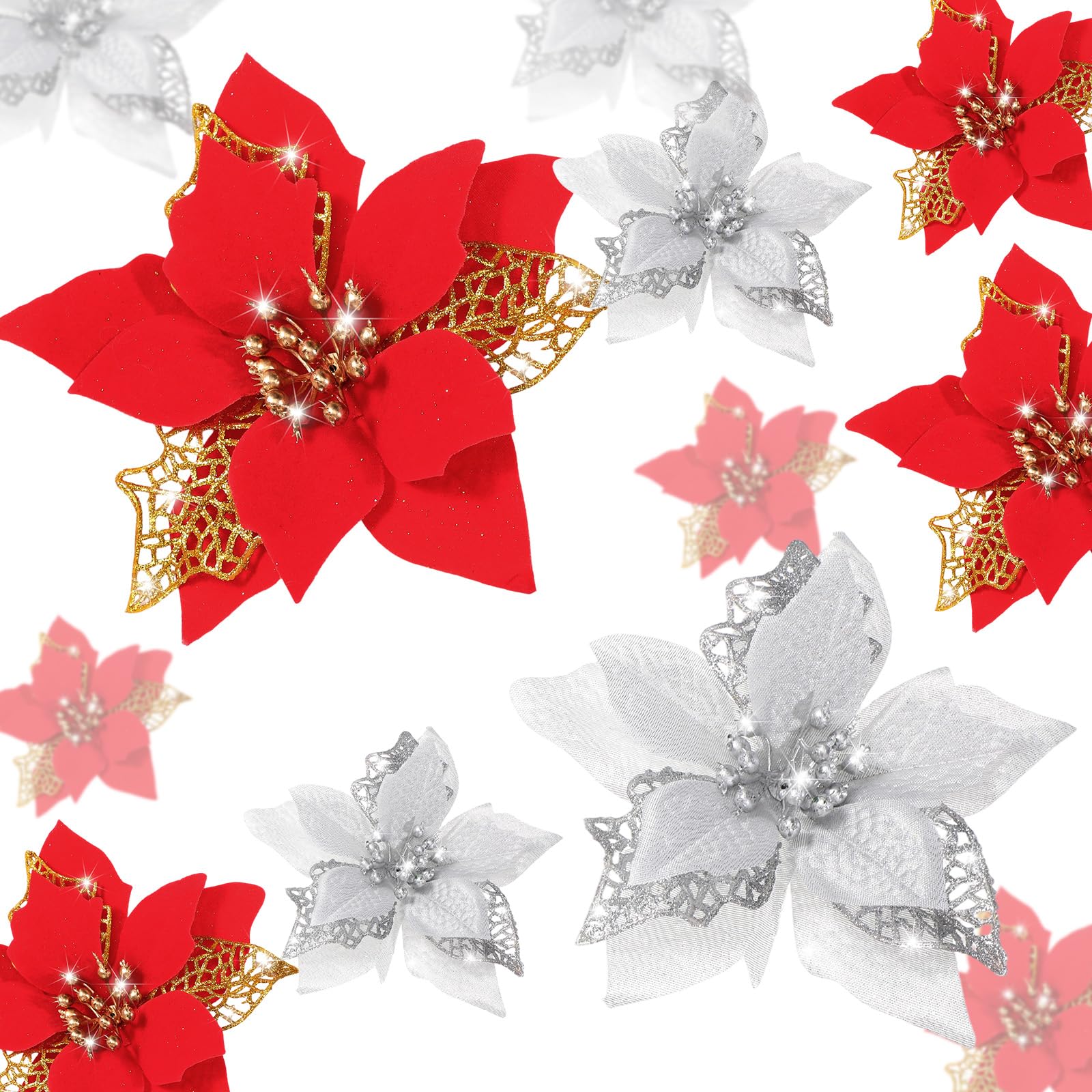 Boao 24 Pieces Christmas Artificial Glitter Poinsettia Flowers Xmas Flowers Wedding Christmas Tree New Year Ornaments(Red and Si