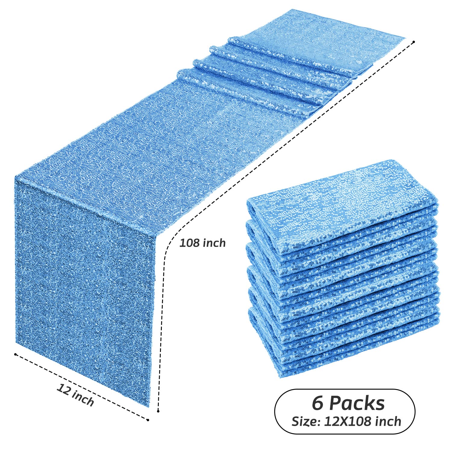 6 Pack Sequin Table Runner Baby Blue, 12 X 108 Inch Glitter Baby Blue Table Runner For Rectangle Table For Birthday, Wedding, Ba