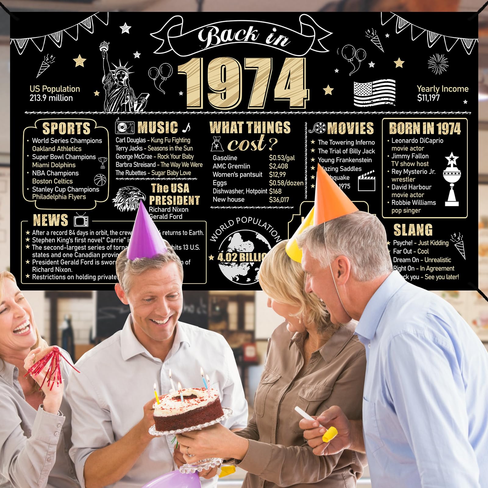 Eiurteao Large 50Th Birthday Banner Backdrop Decorations For Men Women, Black Gold Back In 1974 50 Birthday Sign Party Supplies,