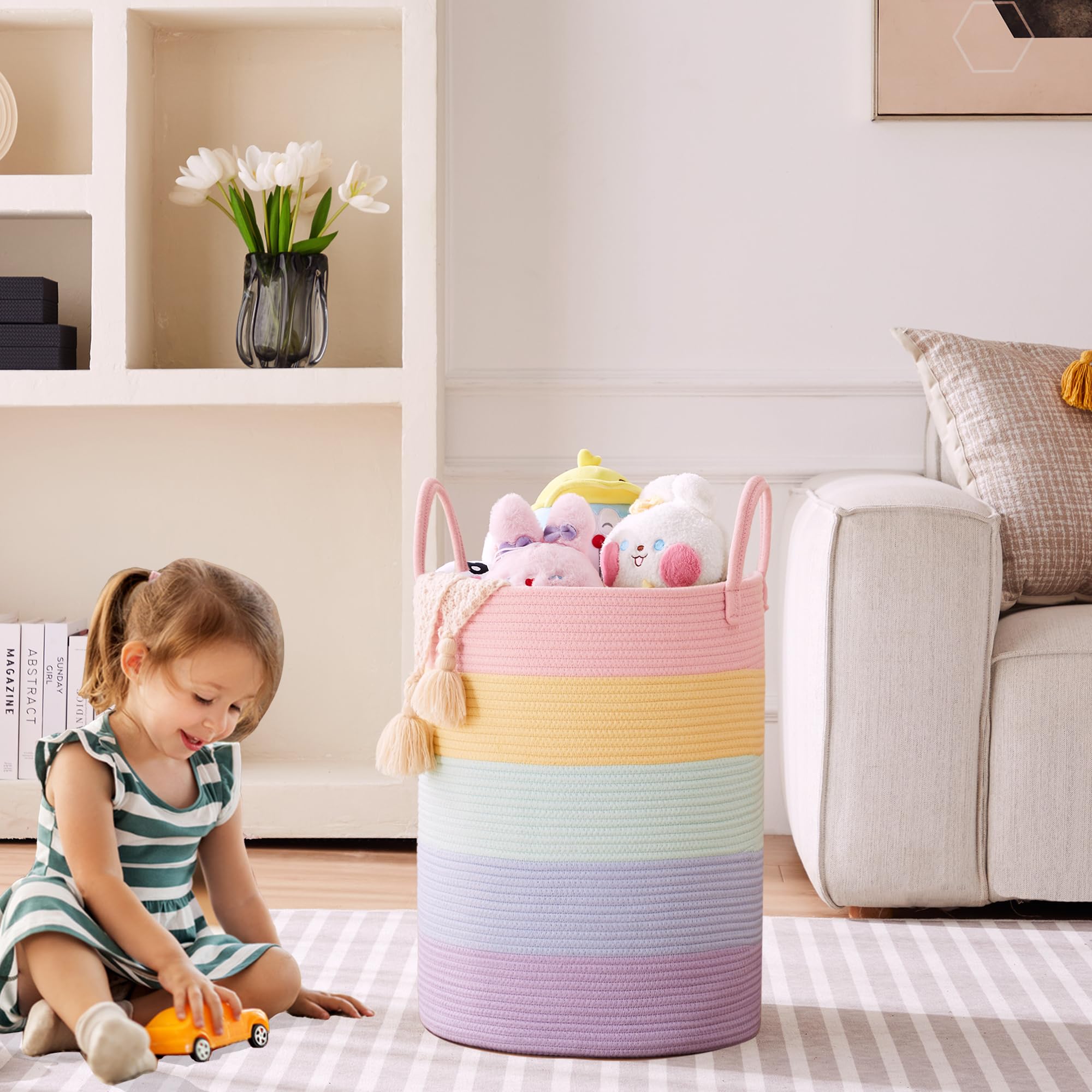 Mojoscend Rainbow Laundry Basket Hamper, 15Dx20H Inches Large Rainbow Hamper For Nursery Girl, Tall Blanket Basket For Living Ro