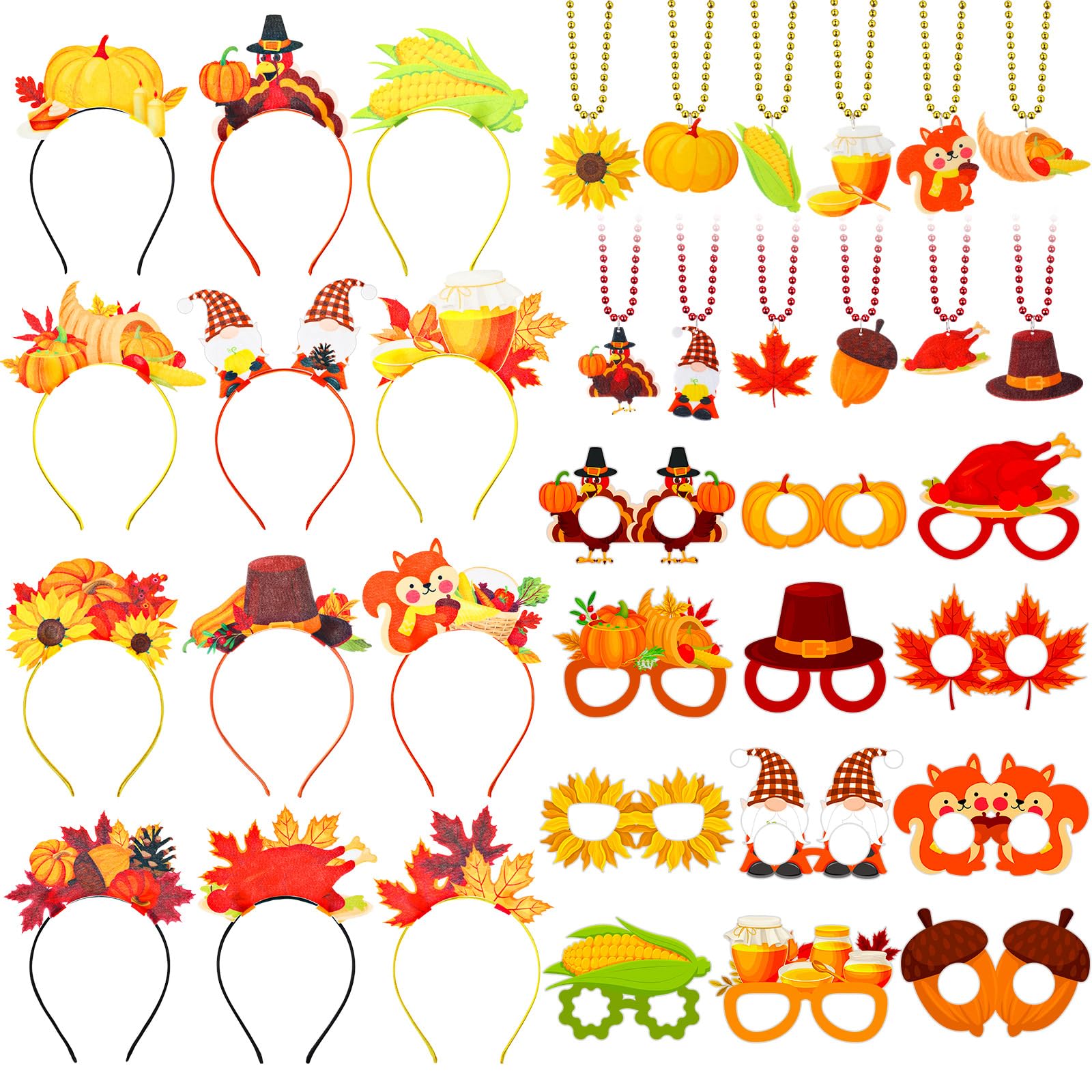 Herdear 36 Pcs Thanksgiving Party Favors Set Thanksgiving Fall Headband Eyeglasses Beaded Necklaces Felt Pumpkin Turkey Costume 