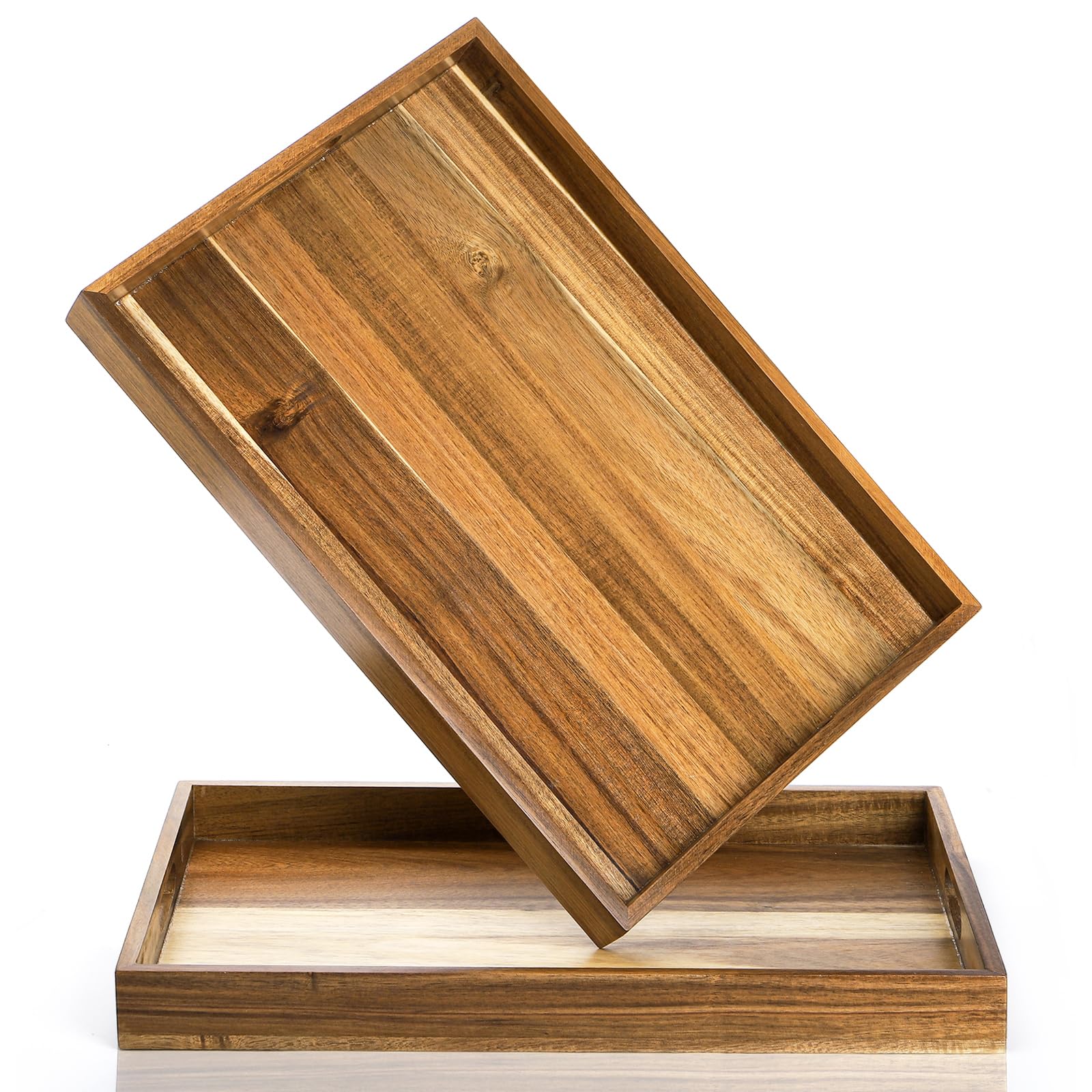 Youeon 2 Pack Large Acacia Wood Serving Tray With Handles, 17X12 Inch Decorative Wood Trays For Serving Food, Party, Rectangle O