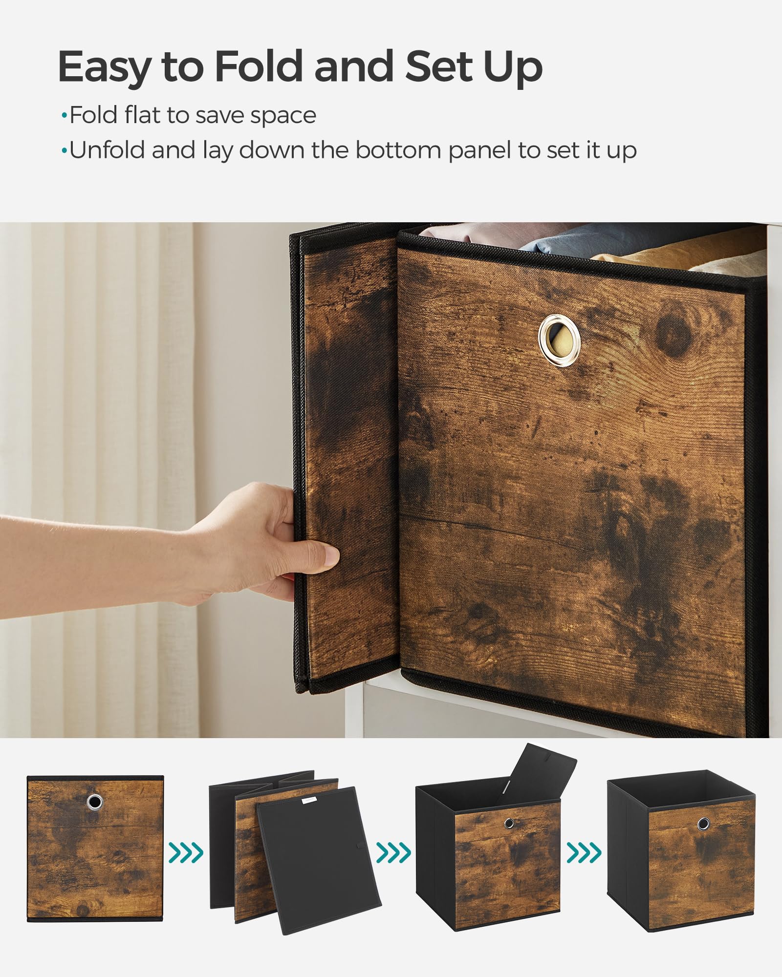 SONGMICS Storage Cubes  Set of 6 Storage Bins with Handles  Foldable Oxford Fabric and Non-Woven Fabric Storage Boxes  10.2x10.2x11 Inches  Fit Cube Storage Unit  Rustic Brown and Black URFB126B01