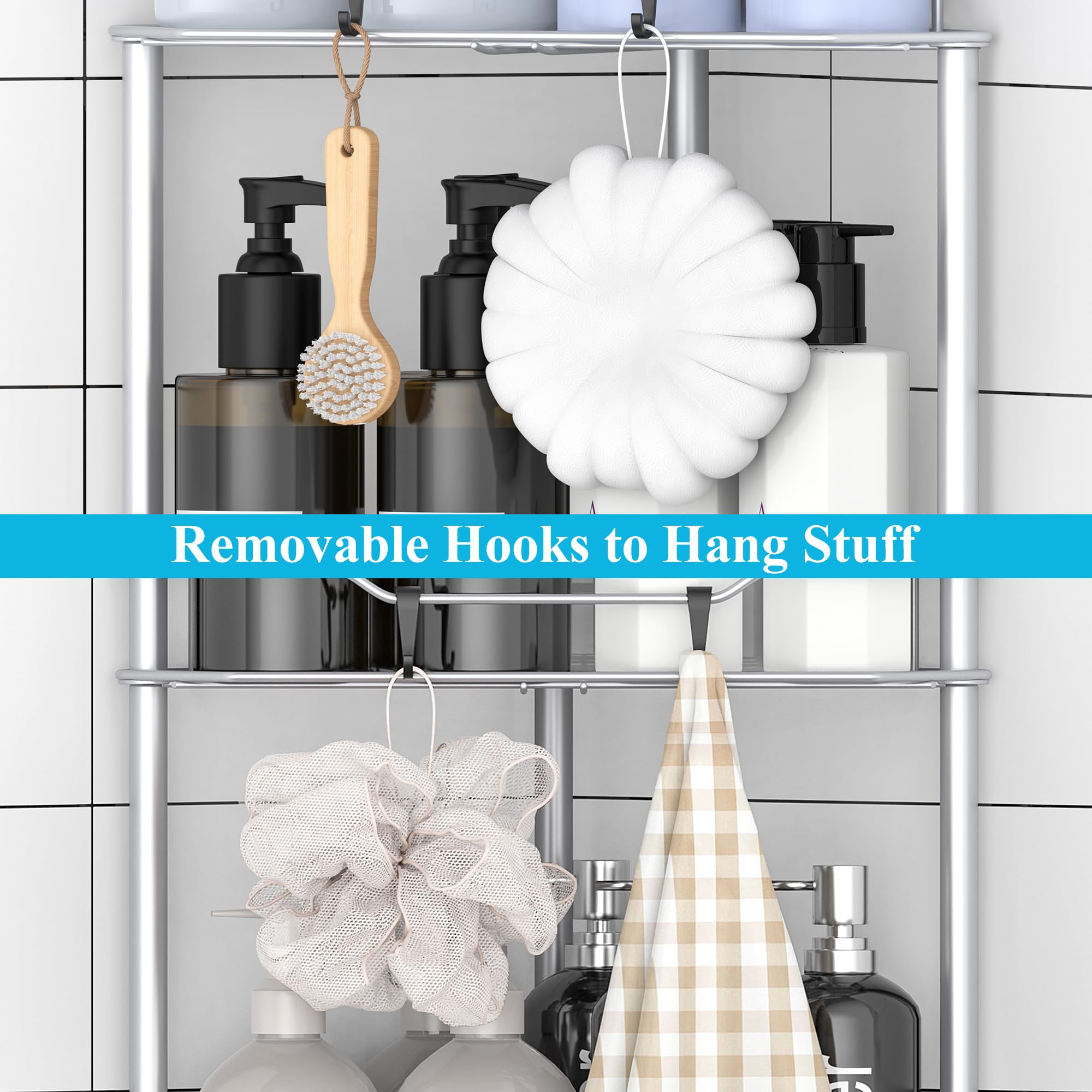 Huggiegems 4 Tier Floor Standing Corner Shower Caddy Organizer Shelf With Hooks, Bathroom Shelves Stand Rack, Silver