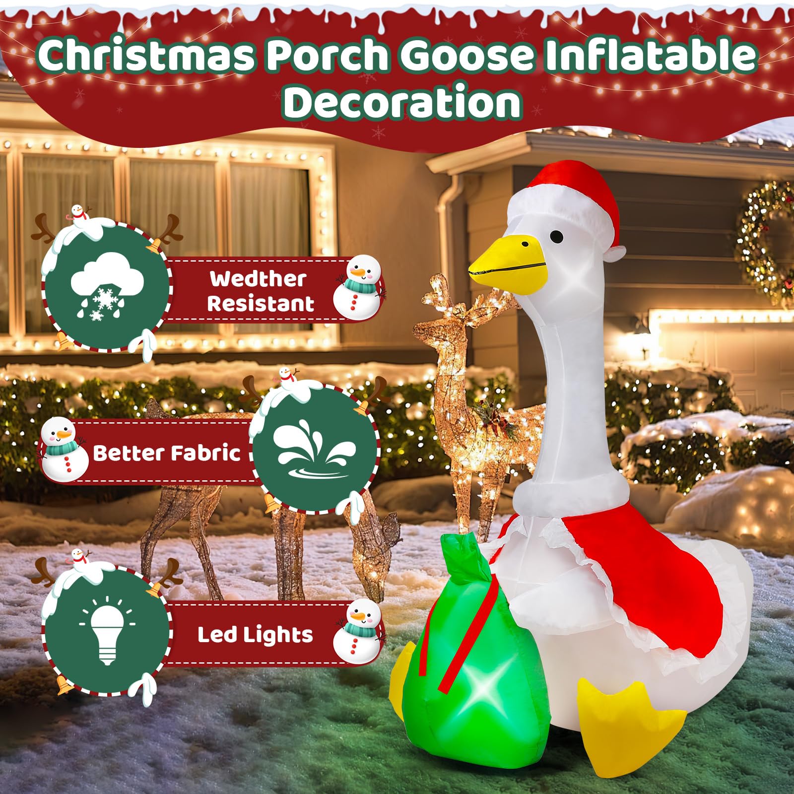 6 ft Christmas Porch Goose Inflatable Outdoor Decoration Large Xmas Cute Silly Goose Blow up Yard Decor with Built-in LED Light