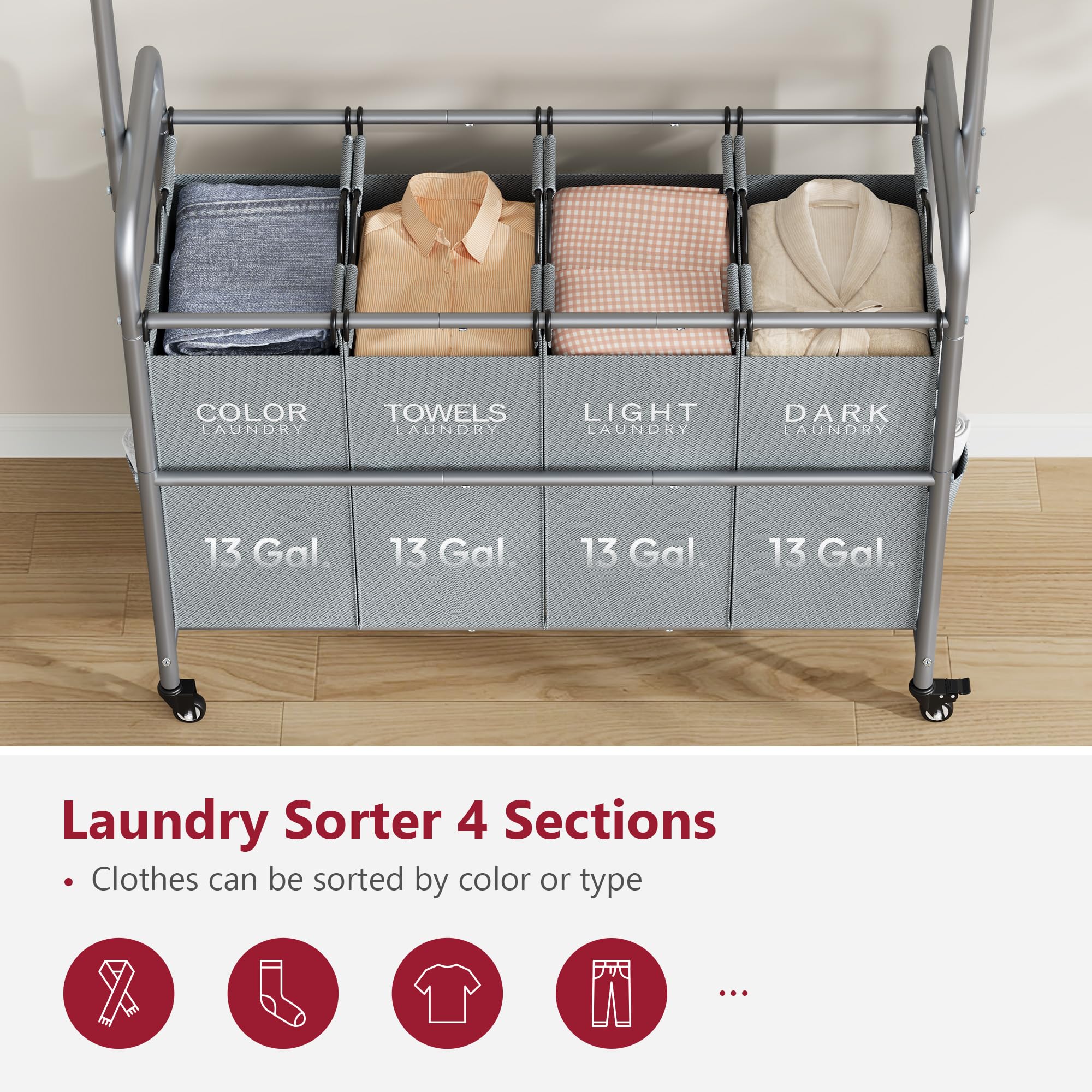 Tajsoon Laundry Sorter With Hanging Bar, 4 Section Rolling Laundry Hamper With Heavy Duty Lockable Wheels, Laundry Sorter Cart F