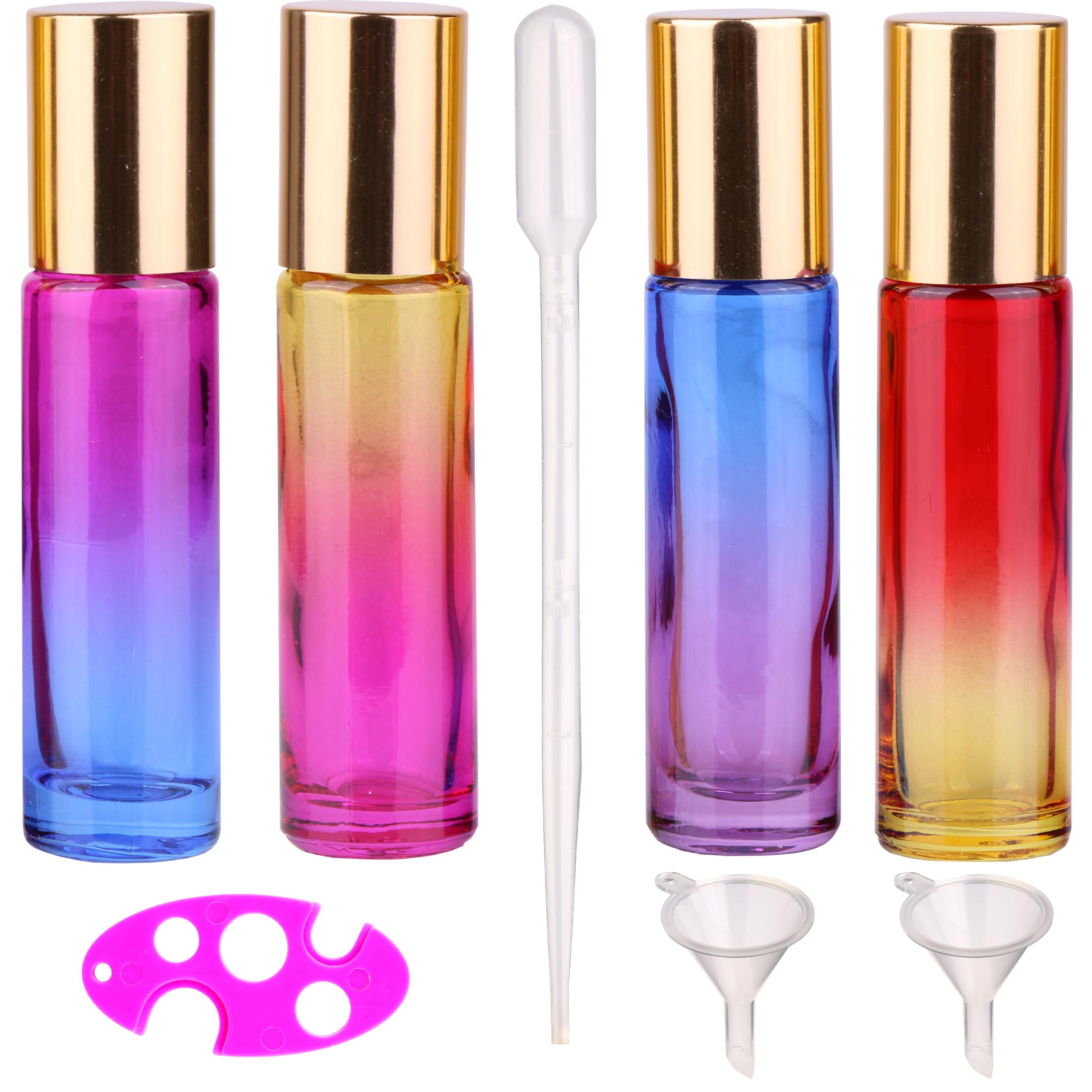 Inice 4 Pack 10Ml Roller Bottles For Essential Oils,Gradient Color Glass Bottle Roll On Stainless Steel Ball With Golden Metal C
