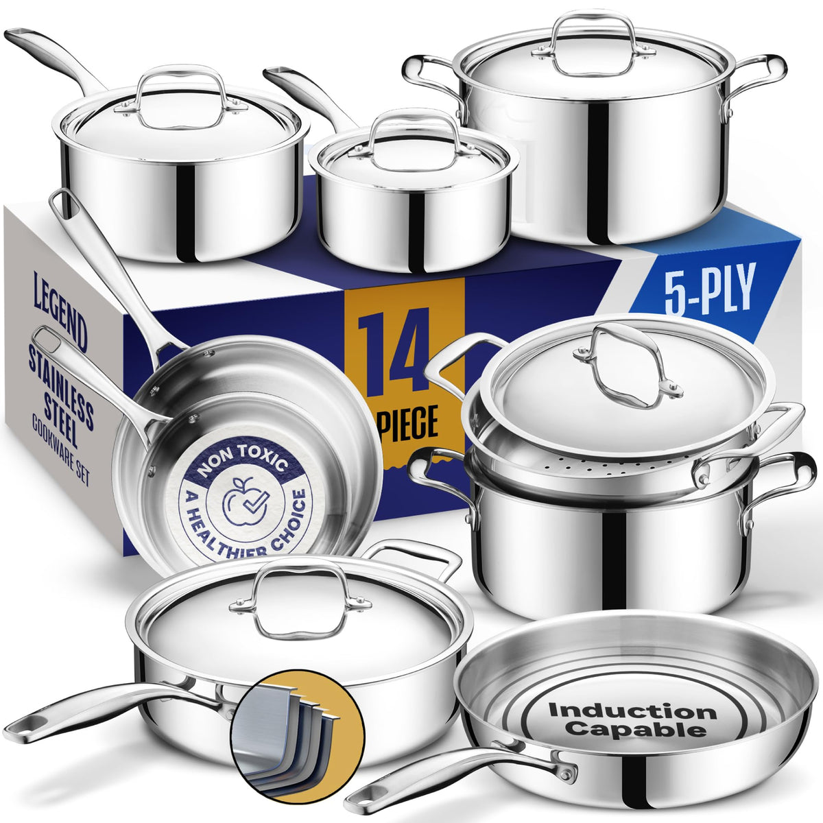 LEGEND COOKWARE Stainless Steel Cookware Set | 5 Ply, 14-Piece, Induction, Non-Toxic, Oven Safe | Best 18/8 Full Clad | Professi