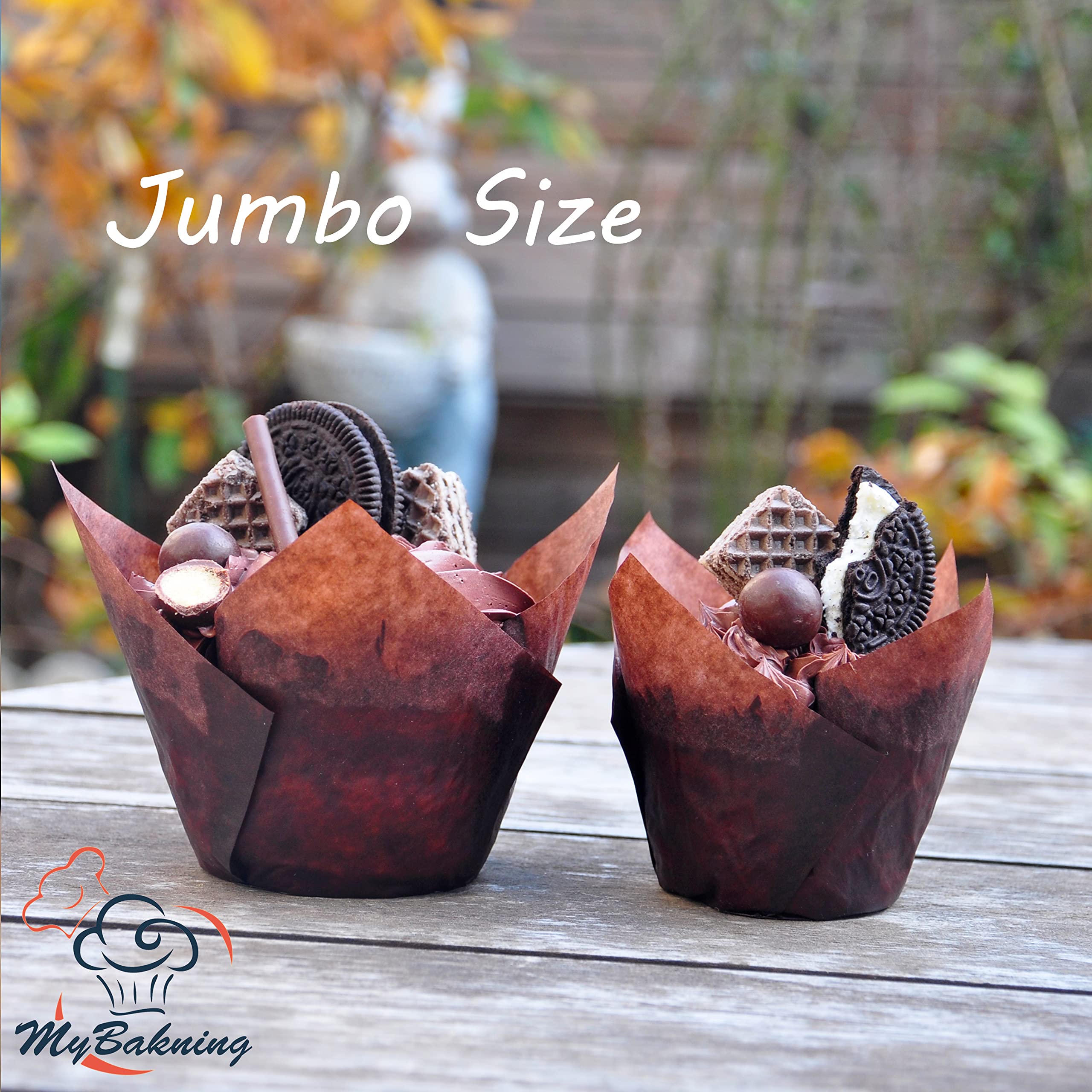 Mybakning Jumbo Extra Large Size Brown Tulip Baking Cups 2-1/4''(Base Diameter) X 3-3/4''(Wall Height) Greaseproof Paper Baking