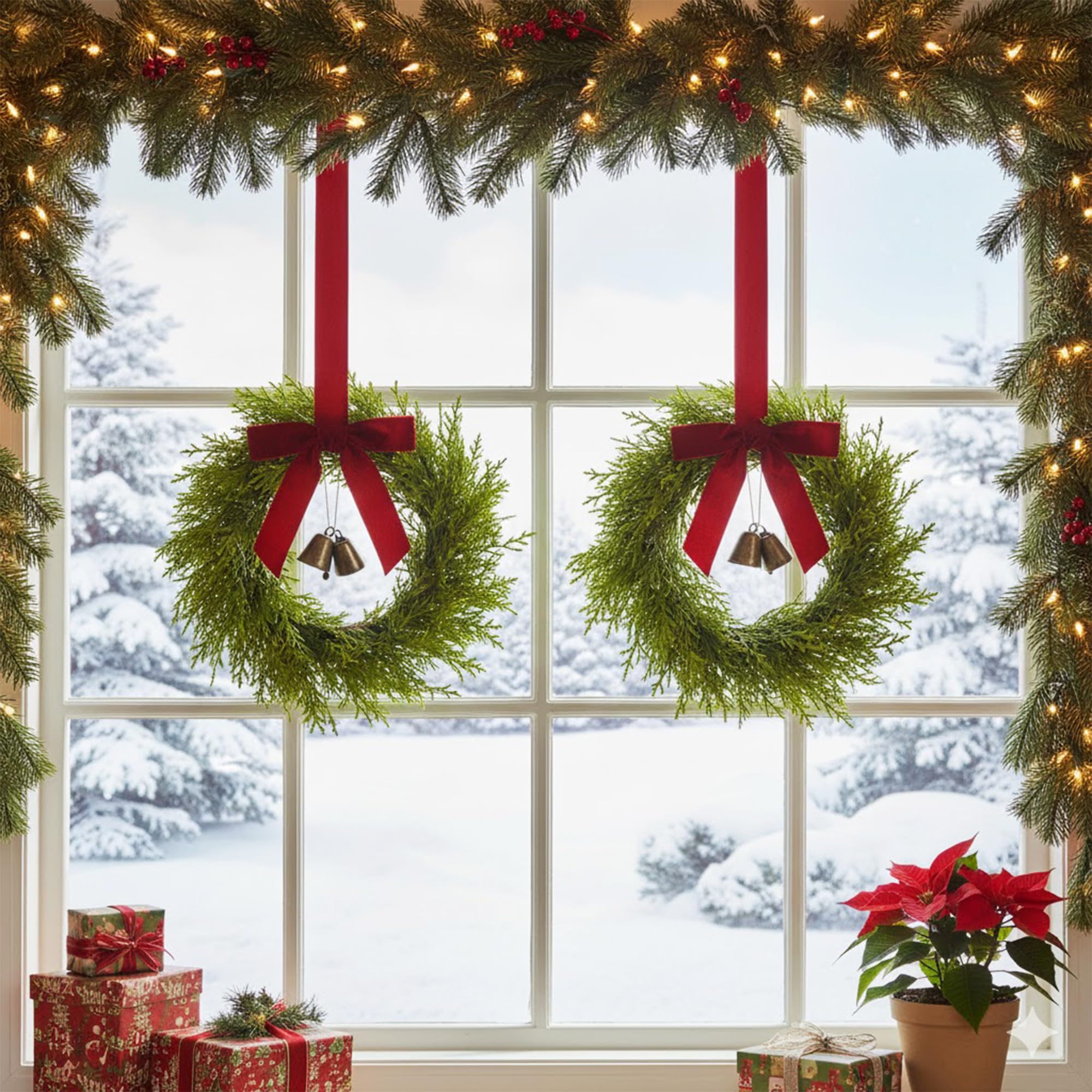 6Pcs Mini Christmas Wreath, 12 Inch Small Wreaths for Kitchen Cabinets, with Deep Red Bow Vintage Bells Pine and Cypress Leaves