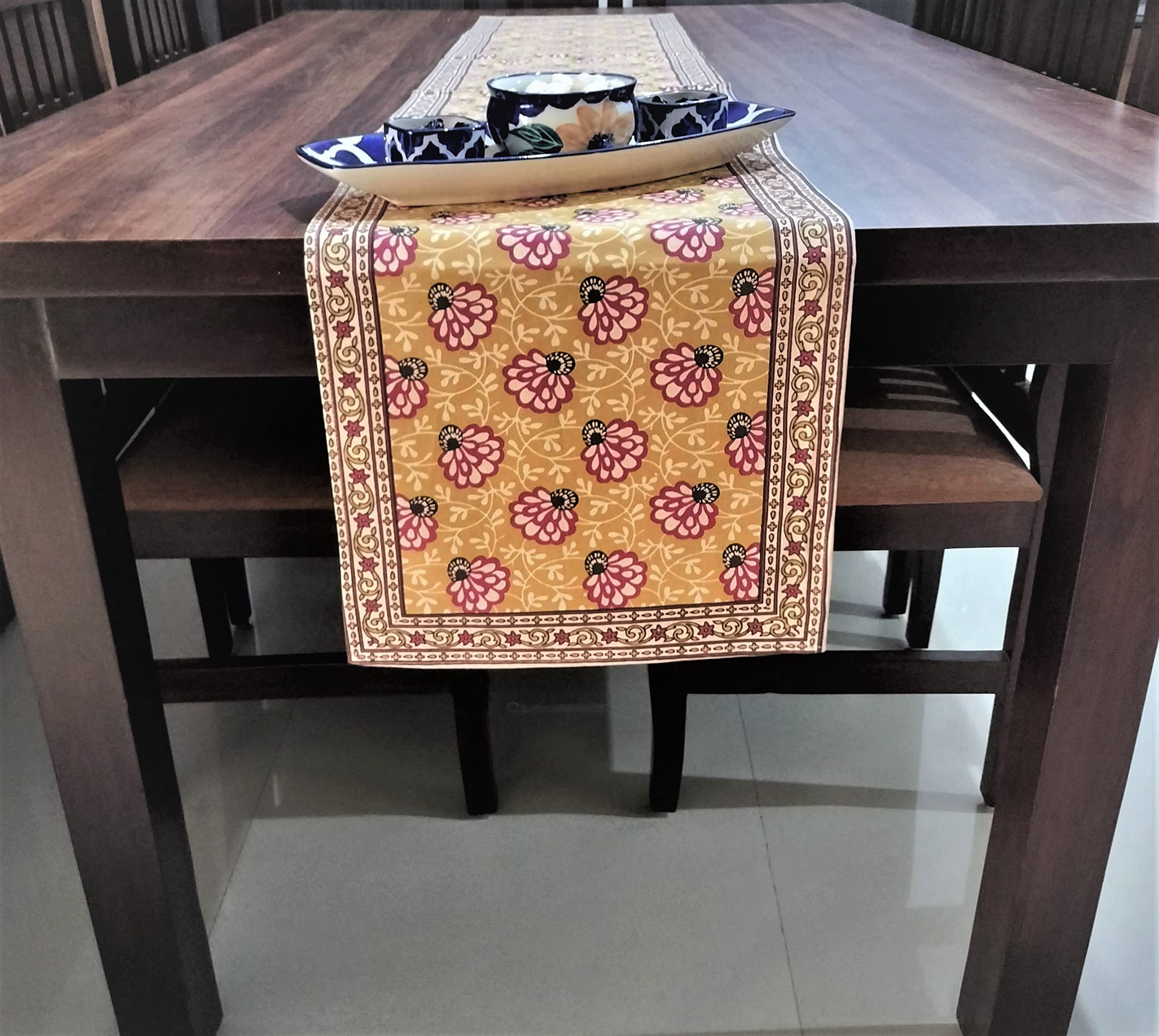 Indoor Elements Cotton Canvas HandBlock Printed Table Runner  72 x 13 Inches for Kitchen I Dinning I Outdoor (BrownMaroonFlo