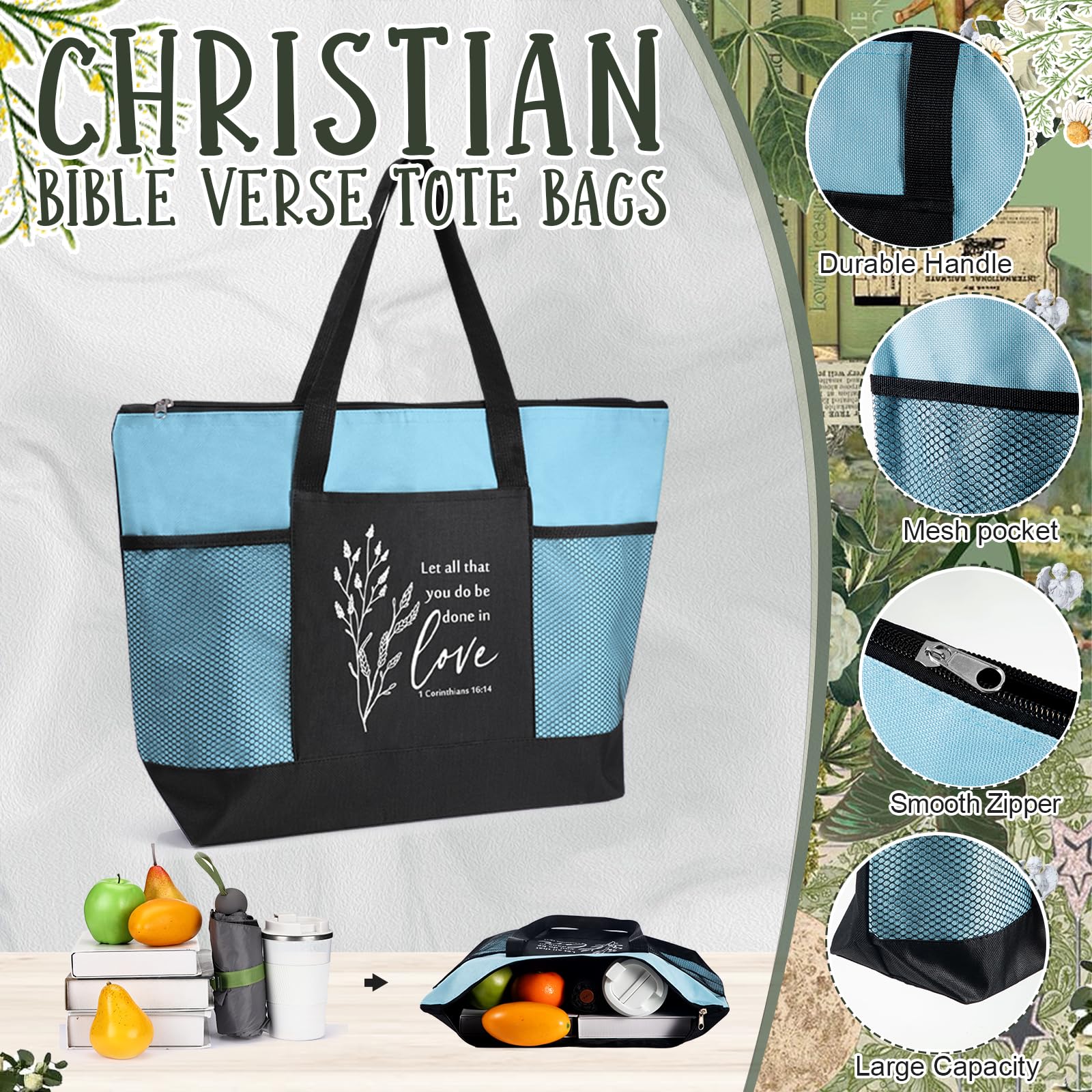 Aliceset 6 Pcs Bible Tote Bags for Women Bulk Christian Gift Bag with Zipper Mesh Pocket Religious Tote for Thanksgiving Christm