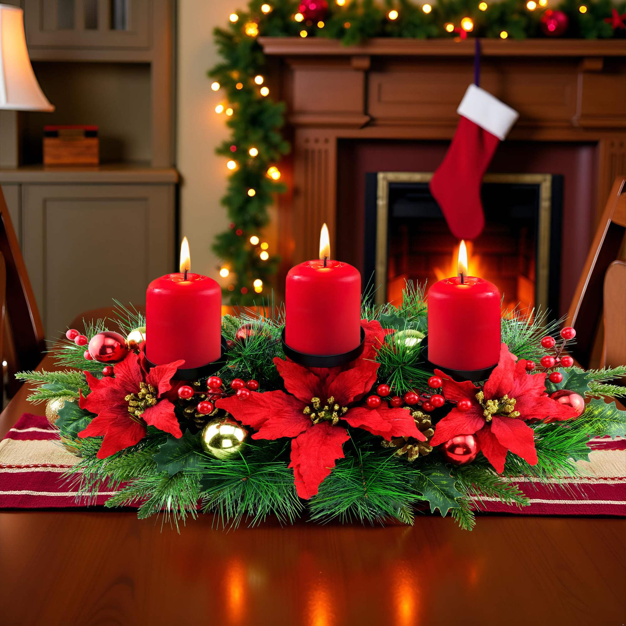 YULETIME 28 Christmas Triple Candelabrum, Holiday Candle Holder with Three Trays, Poinsettia, Red and Gold Baubles, Natural Pine