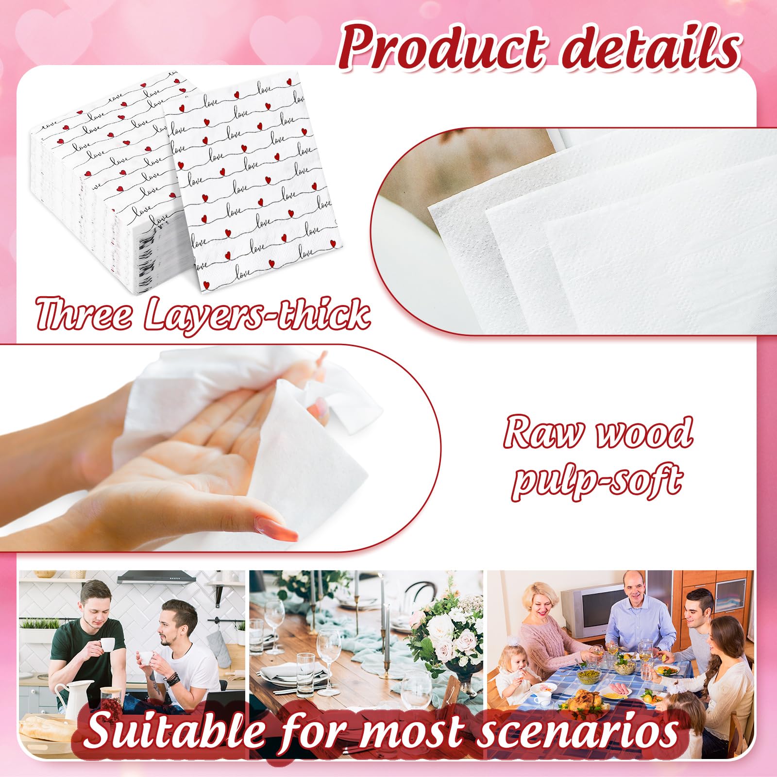 Anydesign 100Pcs Valentine'S Day Paper Napkins Love Hearts Disposable Luncheon Napkins Dessert Dinner Hand Napkin For Wedding Br