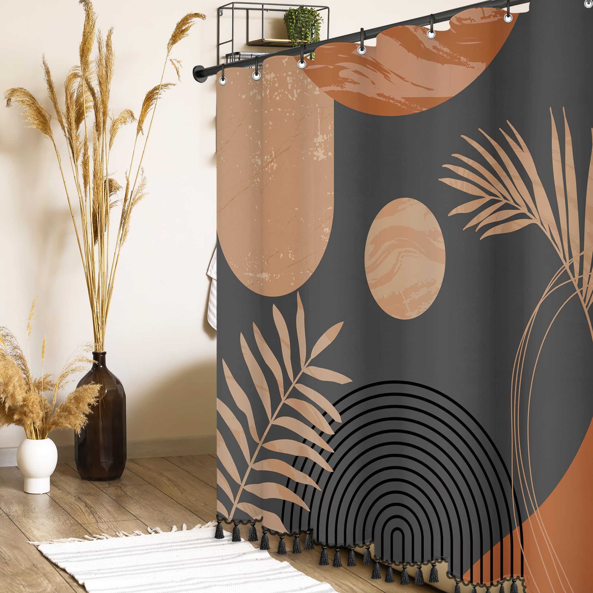 Giumsi 60'' X 72'' Boho Mid Century Leaf Shower Curtain,Arch Sun Design,Minimalistic Leaves Pattern,Waterproof And Luxurious Cho