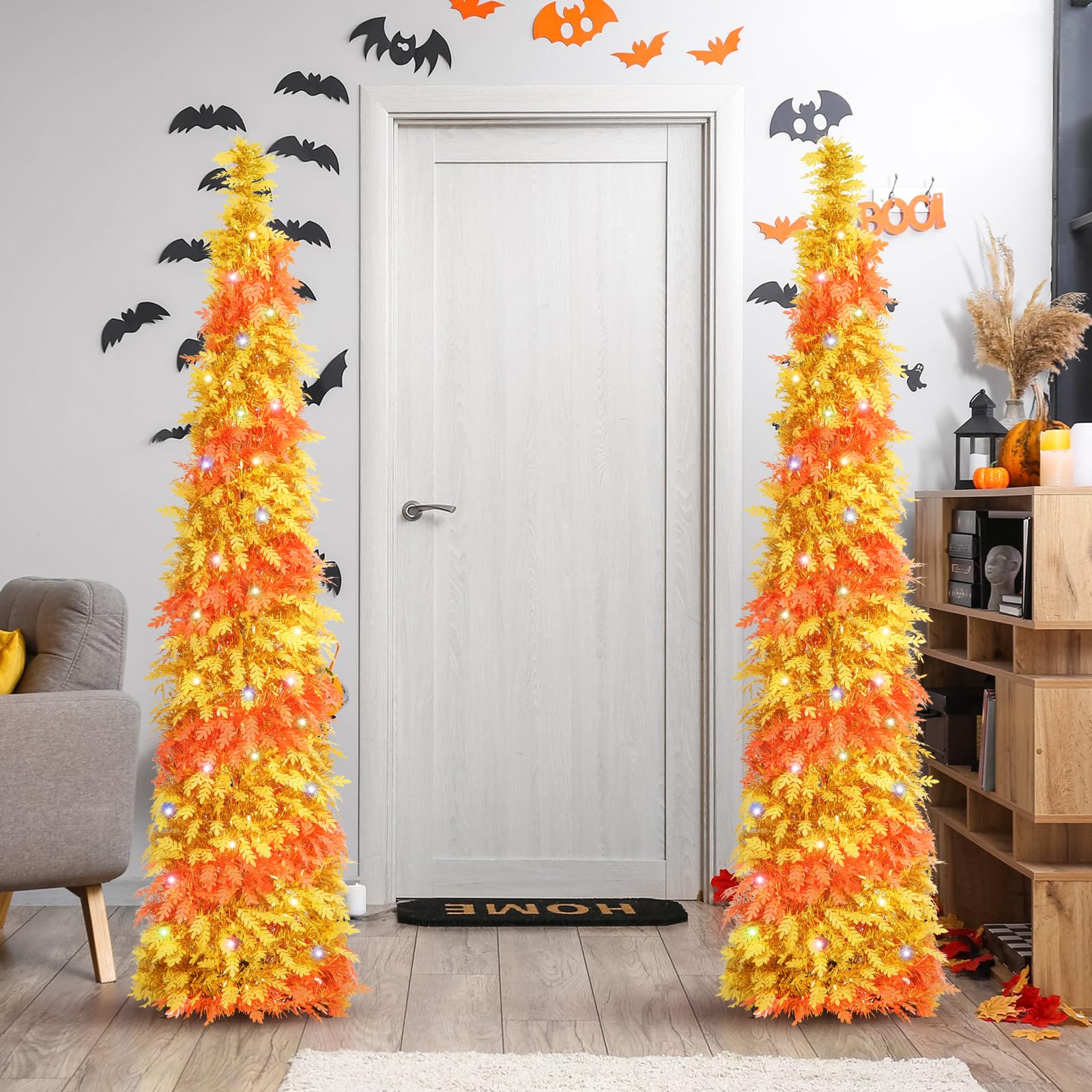 N&T NIETING Fall Tree Home Decor, Pop Up Tree with Lights & Timer & 8 Modes, Collapsible Tinsel Pencil Tree for Autumn Harvest P