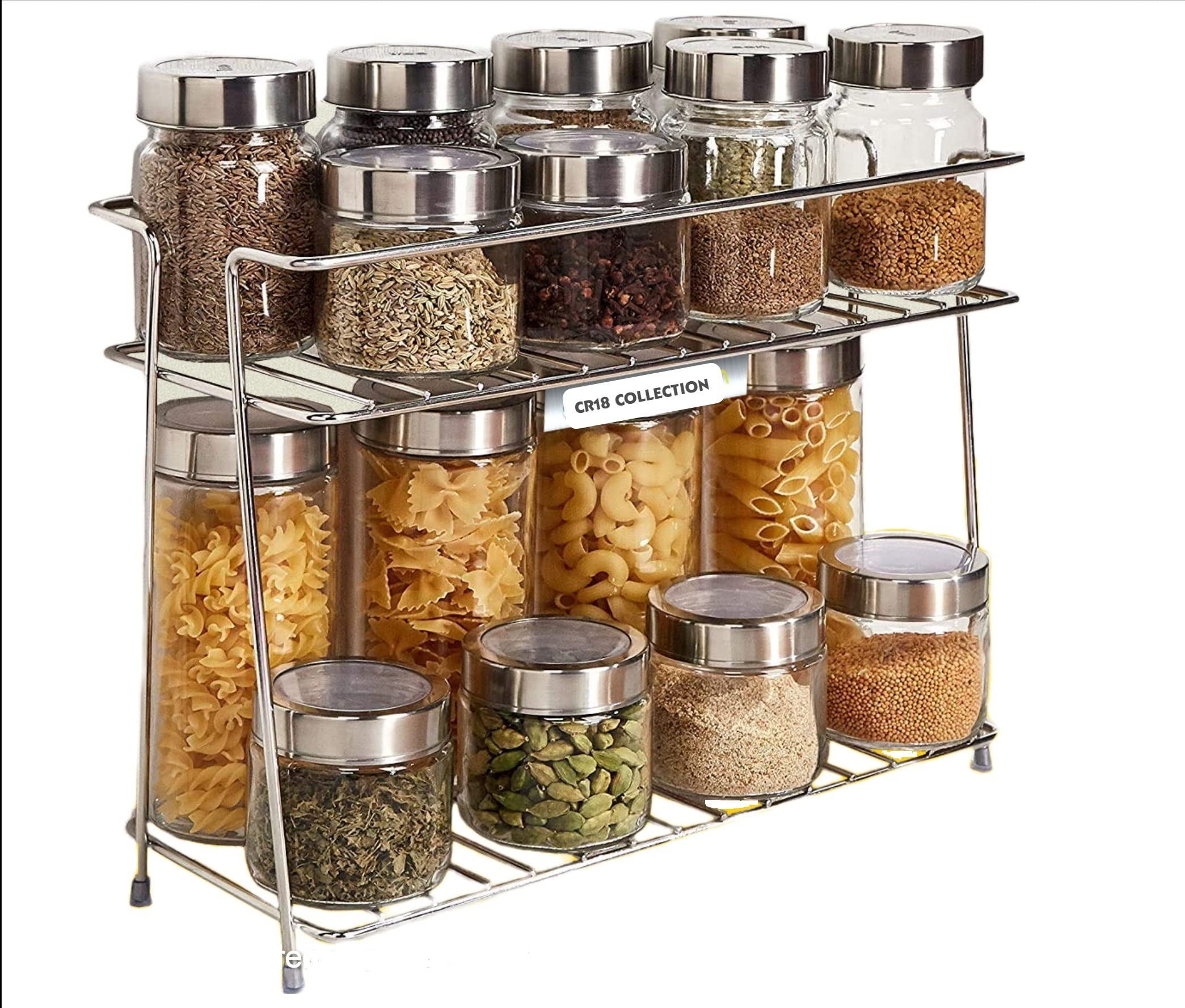Cr18 Collection Multipurpose Spice Rack Stainless Steel 2 Layer Corner Storage Rack Shelf & Spice/Masala Boxes Container/Basket 