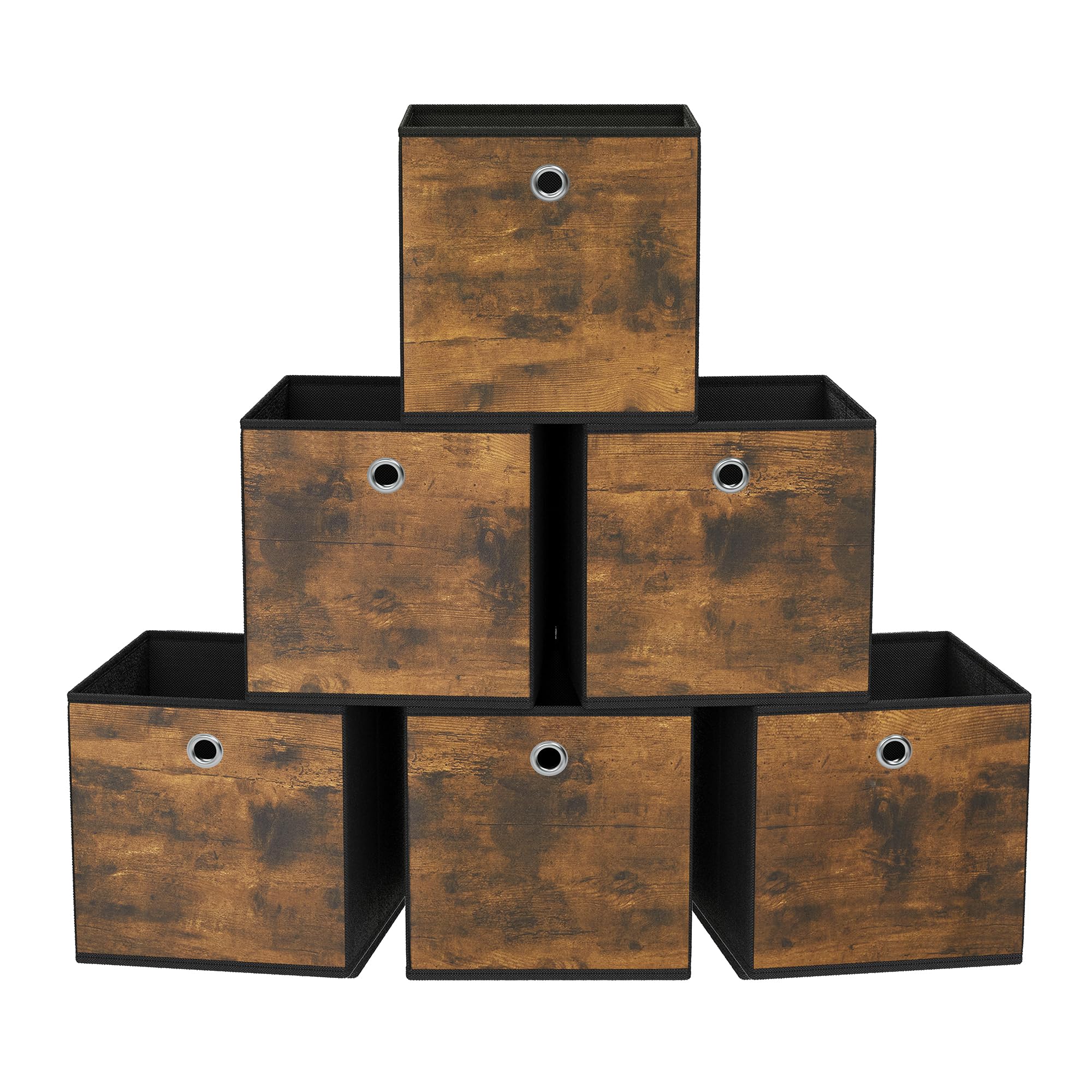 SONGMICS Storage Cubes  Set of 6 Storage Bins with Handles  Foldable Oxford Fabric and Non-Woven Fabric Storage Boxes  10.2x10.2x11 Inches  Fit Cube Storage Unit  Rustic Brown and Black URFB126B01