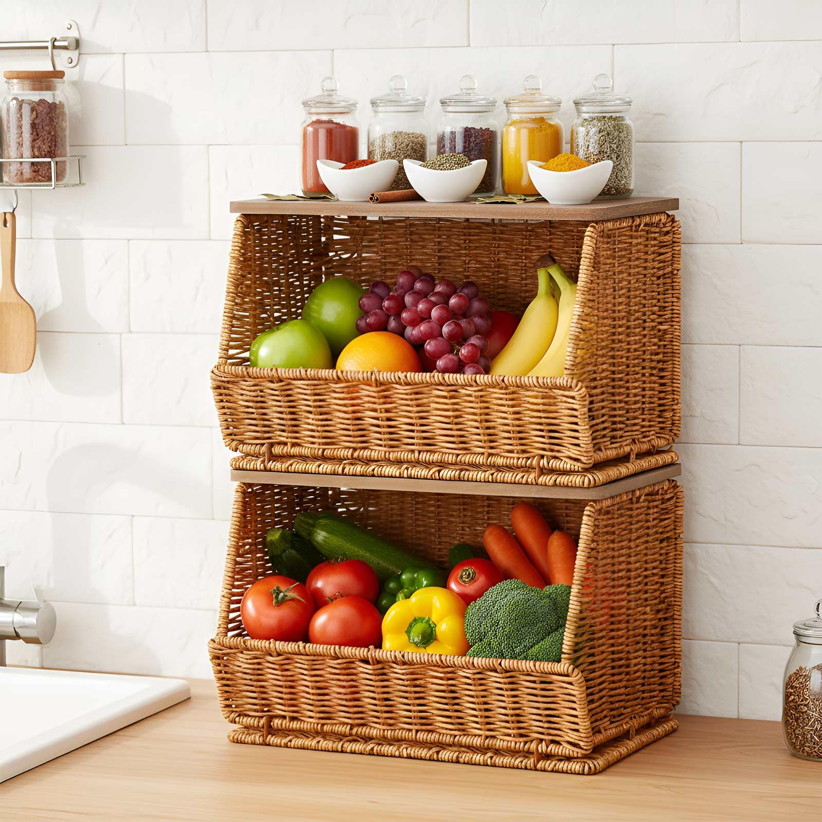 FoldTier 2 Pcs Stackable Wicker Fruit Basket with Wood Lid for Kitchen Desk