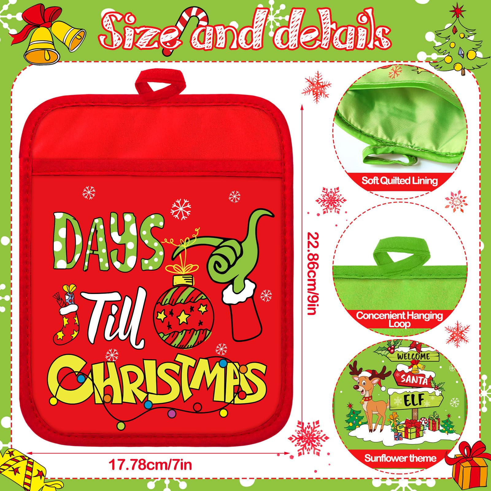 Jingmore 12 Pcs Christmas Pot Holders Bulk with Pocket Lime Green Xmas Pot Holders for Kitchen Red Green Santa Hot Pads and Oven