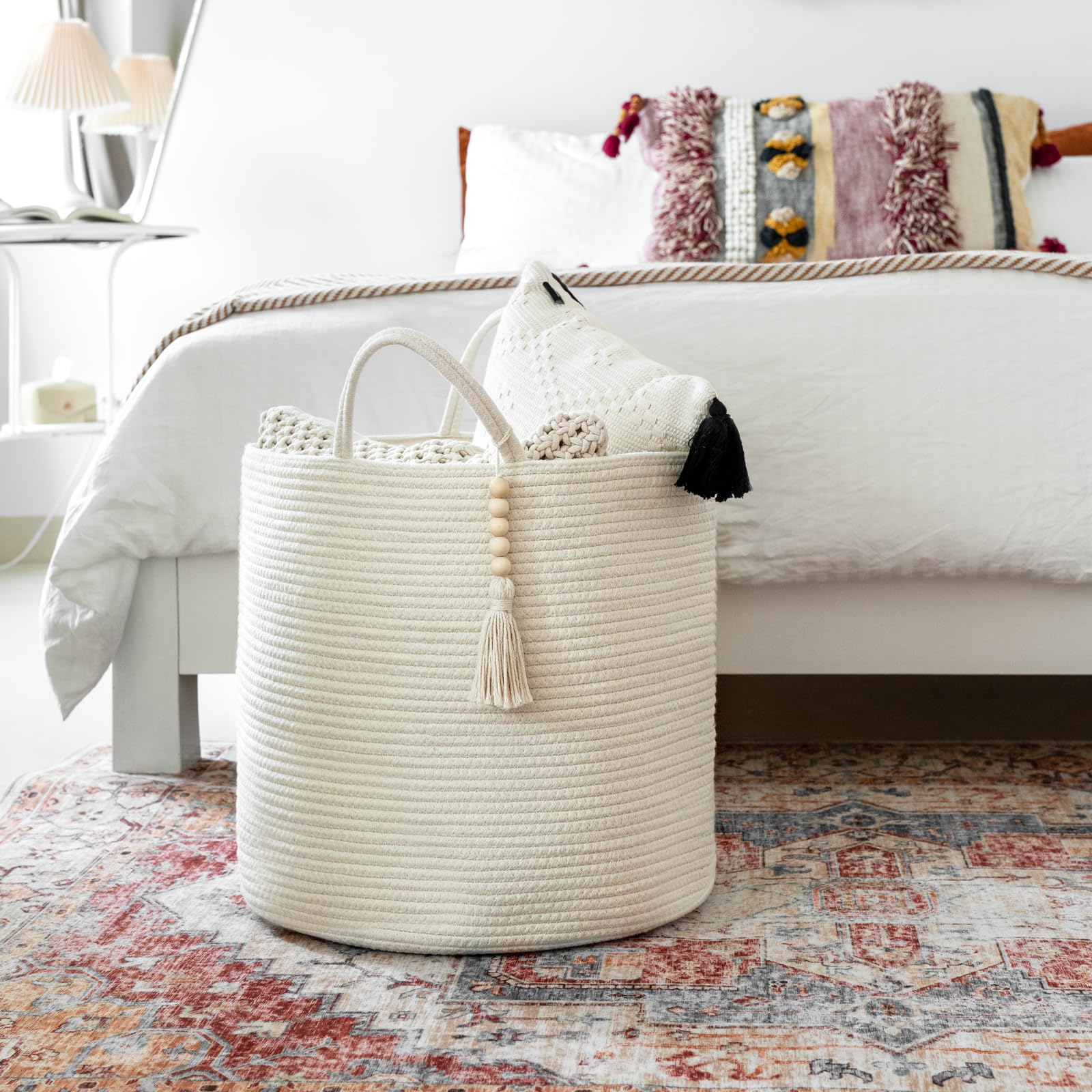 Mkono Tall Laundry Basket Woven Decorative Rope Storage Basket Wooden Bead Decoration For Blankets Toys Clothes Shoes Organizer