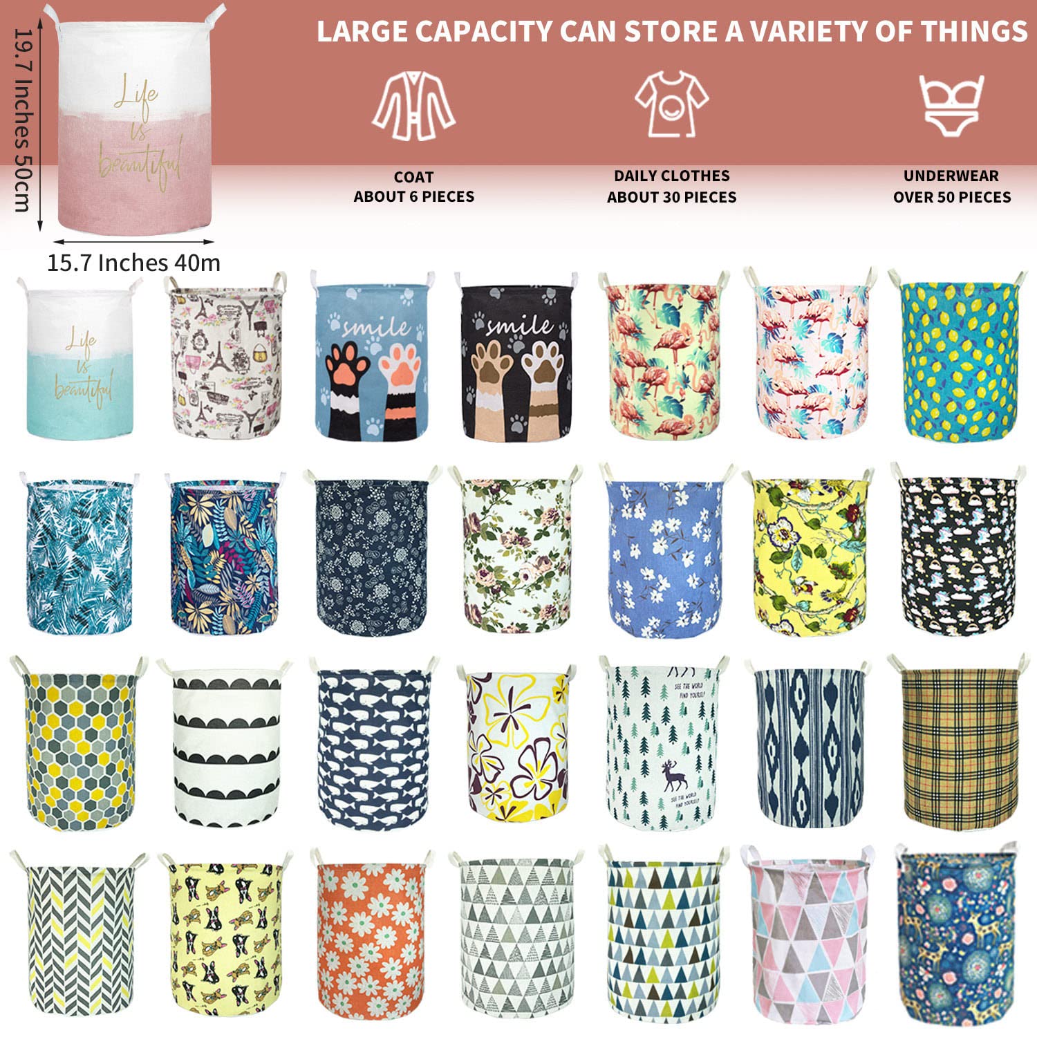 Aouker Merdes 19.7?? Waterproof Foldable Laundry Hamper  Dirty Clothes Laundry Basket  Linen Bin Storage Organizer for Toy Collection(Life Pink)