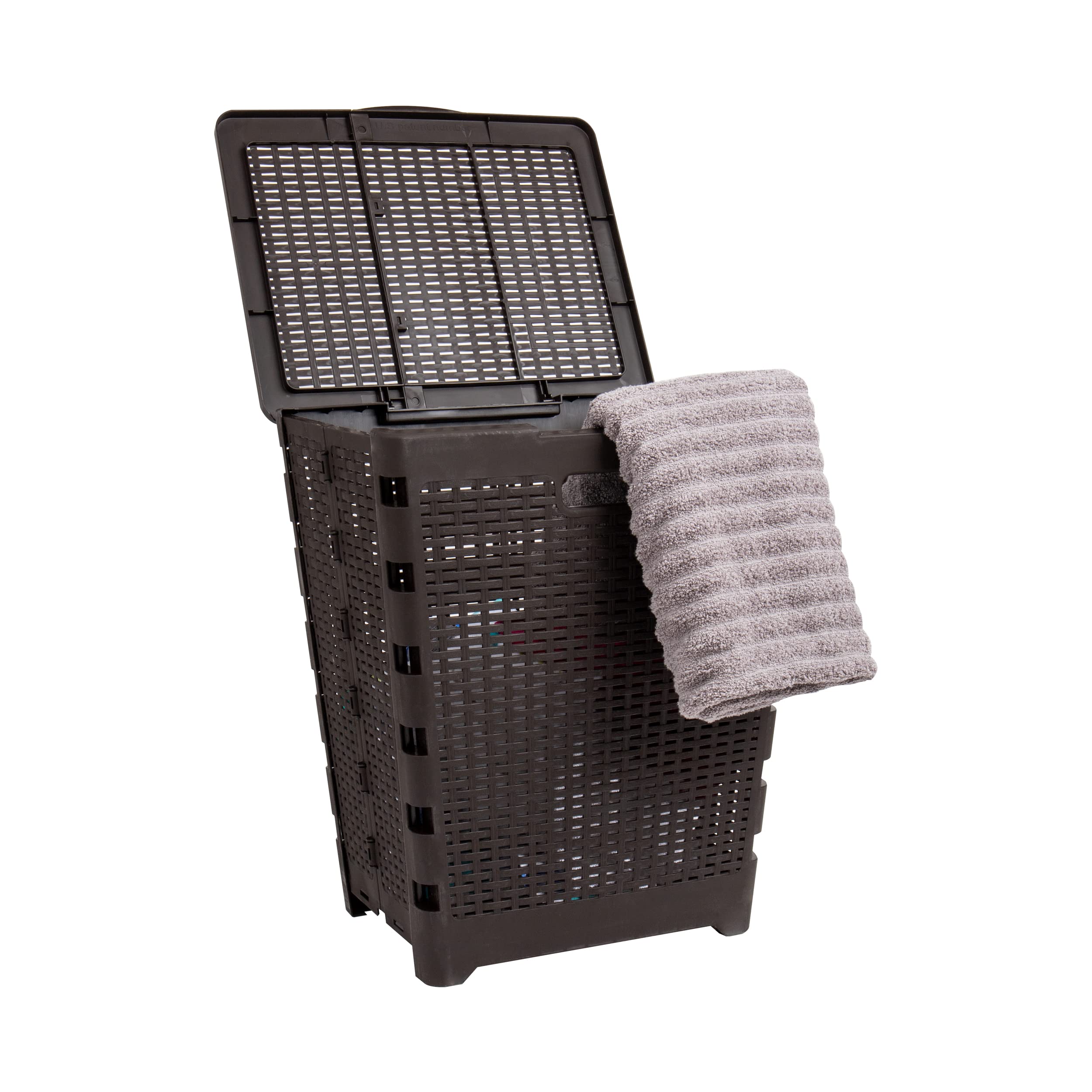 Mind Reader 61L Foldable Laundry Hamper, Clothes Basket, Lid, Wicker Design, Plastic, 18''L X 14.5''W X 21.25''H, Brown