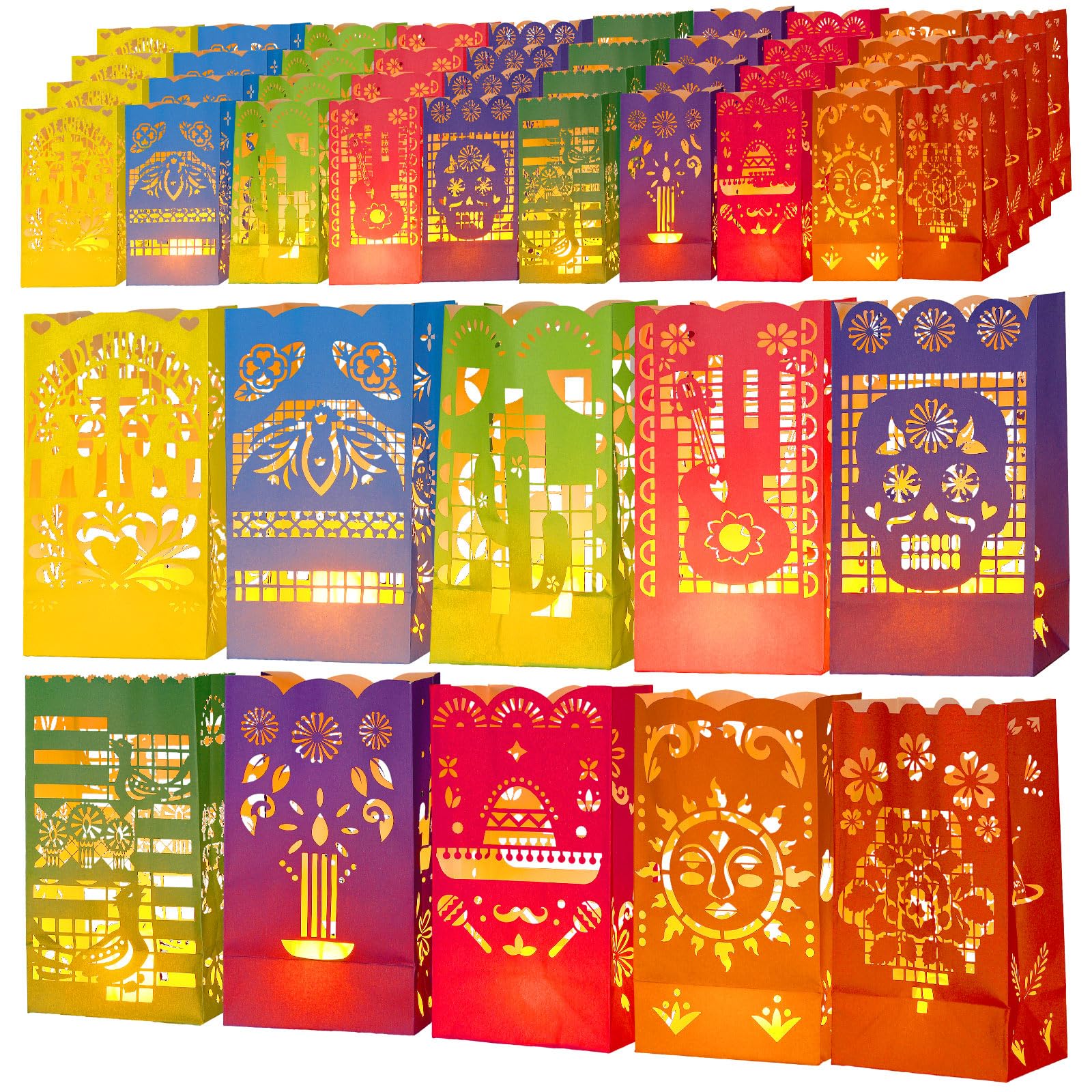 Sayglossy 50 Pieces Dia De Los Muertos Luminary Bags Decorations, Halloween Day of the Dead Candle Goodie Bags Flame Resistant M
