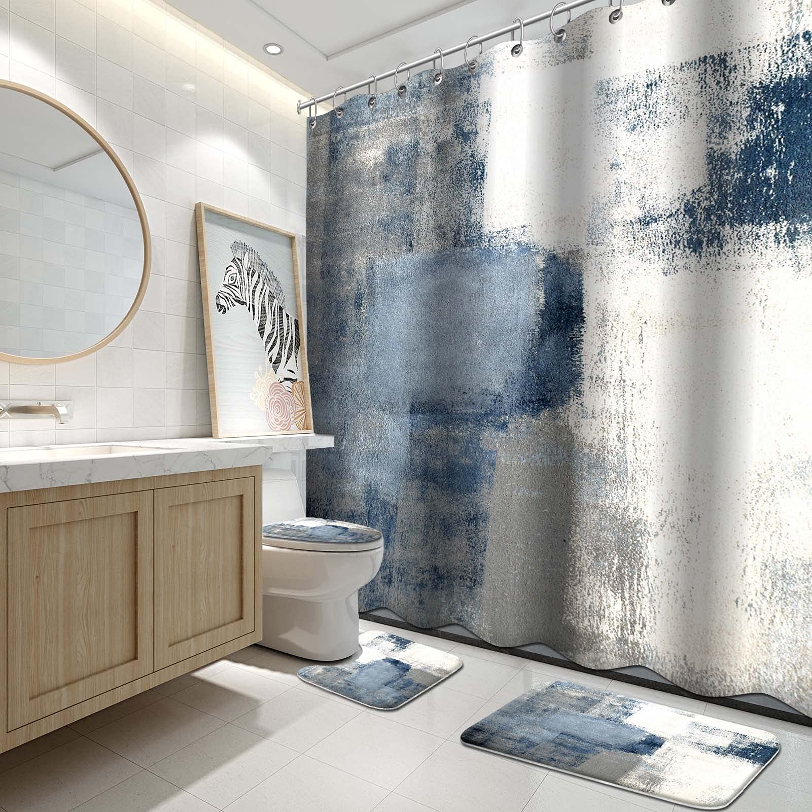4Pcs Grey Bathroom Shower Curtain Sets With Rugs, Blue And Grey Abstract Painting Gray Retro Bathroom Sets With Shower Curtain A