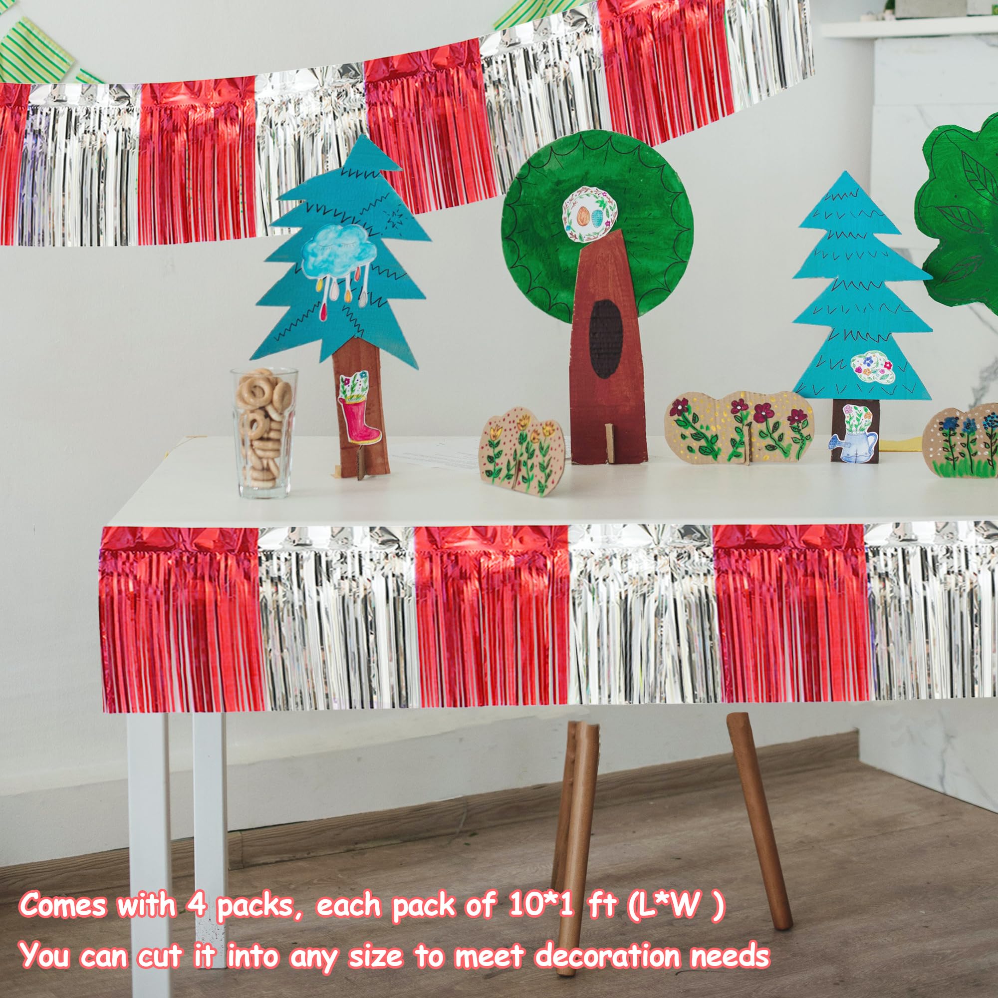 4 Pack 10 Feet Red Silver Foil Fringe Garland Metallic Tinsel Streamers Banner Fringe Curtain Banner For Parade Floats Wedding G