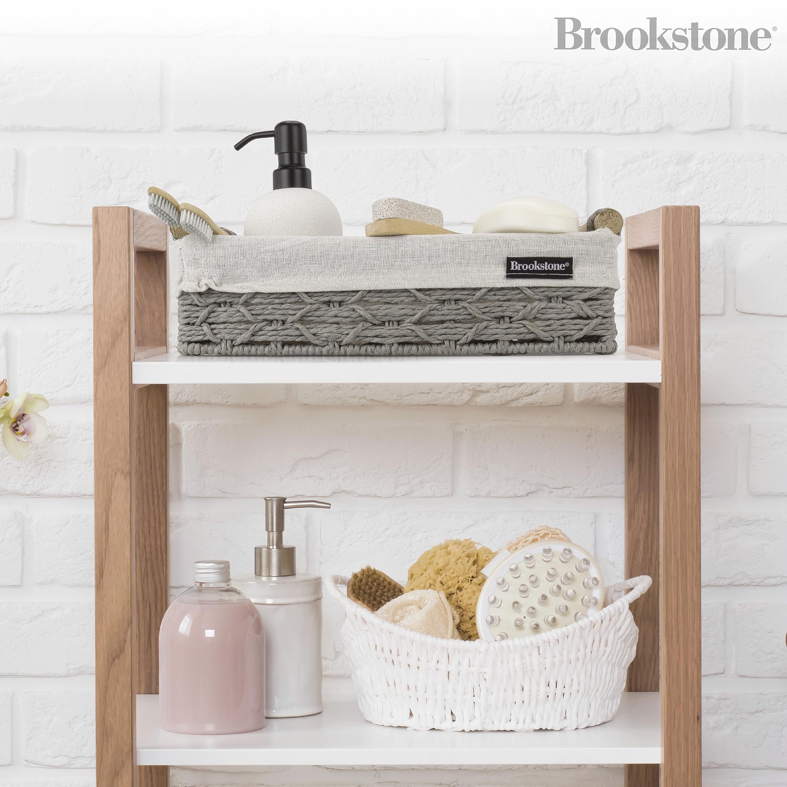 Brookstone [2 Piece Set] Wicker Storage Basket With Crafted Wood Handles, Organization And Storage Container, Decorative Shelf B