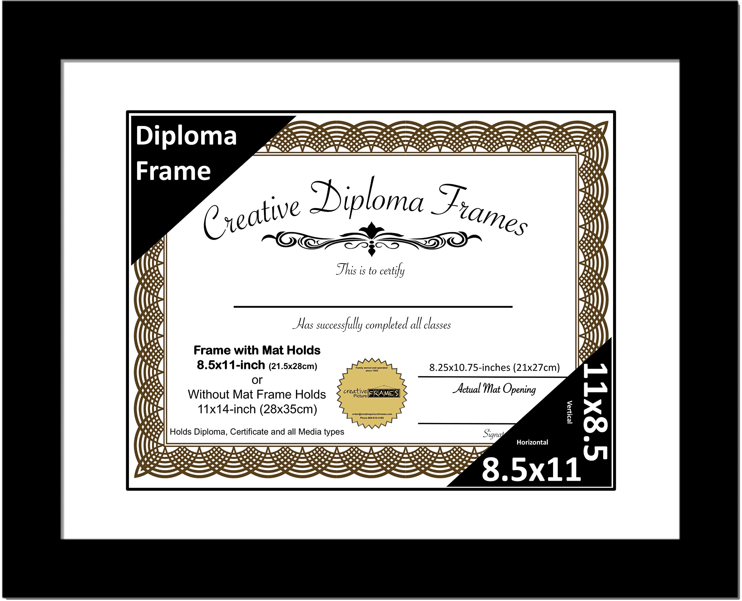 Creative Picture Frames 8.5x11 Classic Black Diploma Frame with White Mat Glass Easel and Installed Wall Hangers | Frame Holds 1