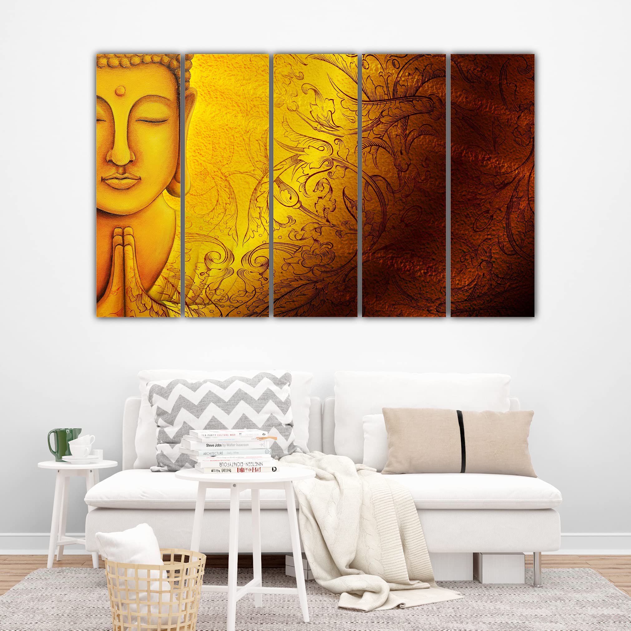 Inephos Multiple Frames Beautiful Religious Buddha Wall Painting (50 Inches X 30 Inches - Wooden Brown And Yellow)