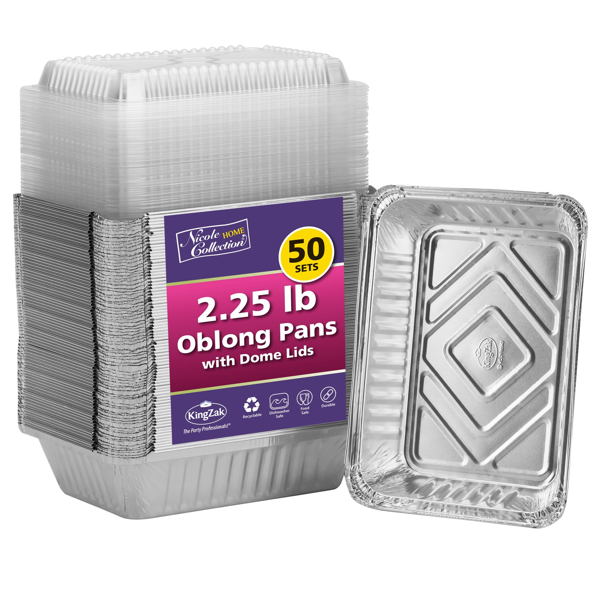 Aluminum Pans With Plastic Dome Lids - 50 Count - 2.25Lb (8.5''X6'') Oblong Pans - To Go Containers With Lids - Disposable Tin F